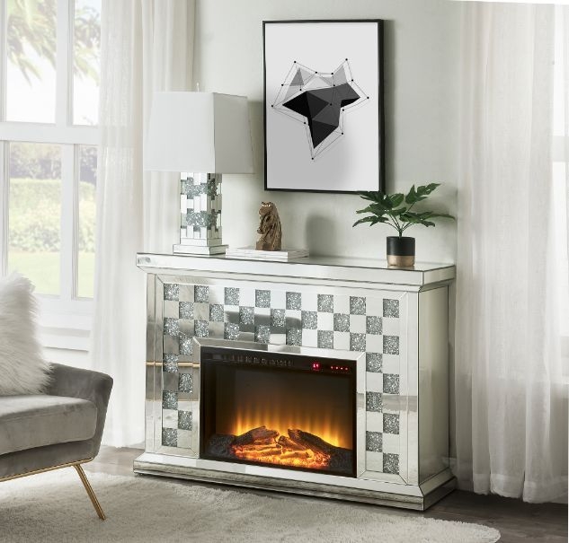 Noralie 90872 Mirror/Faux Diamonds LED Fireplace w/ Adjustable Temperature & Timer