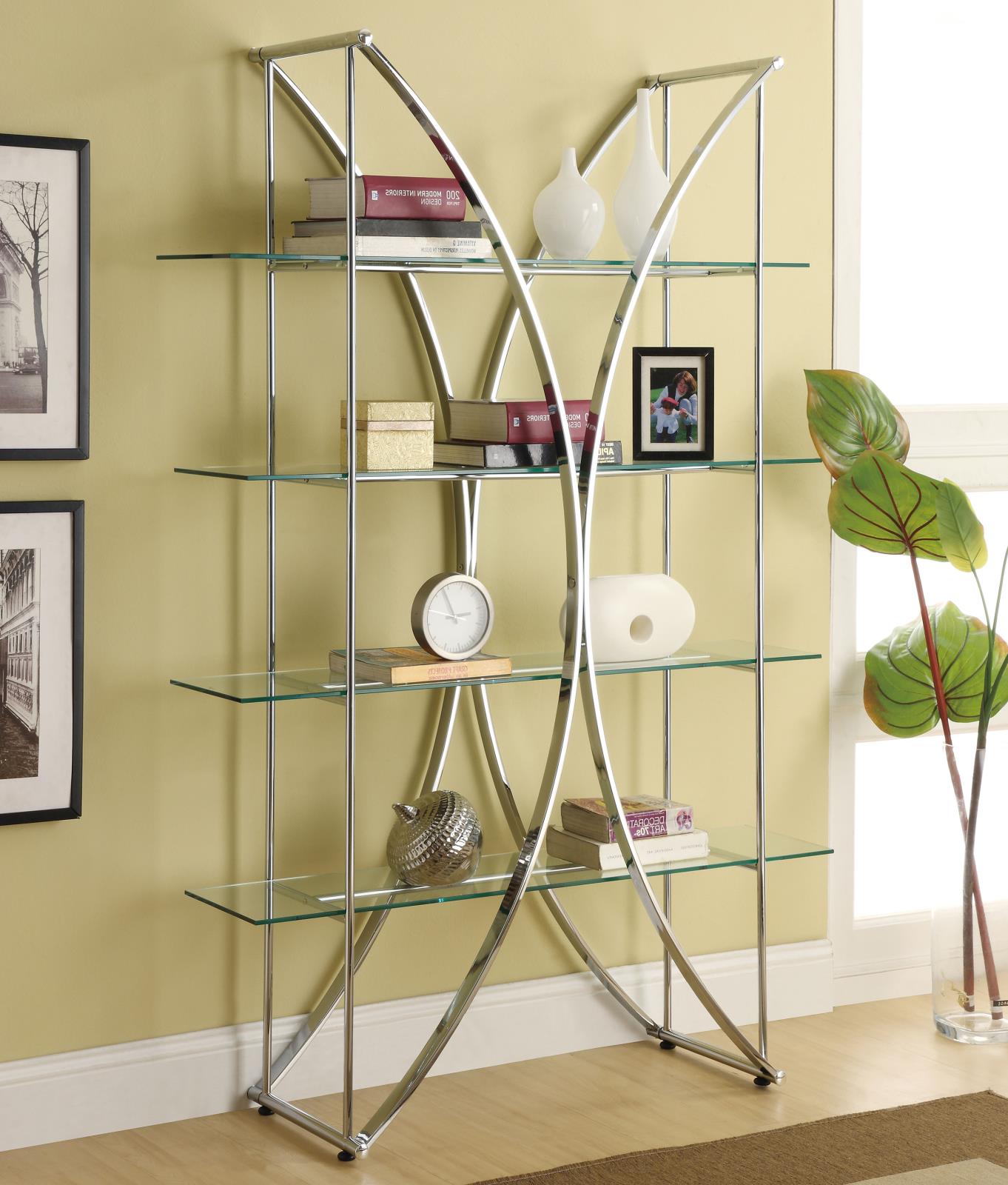 Larson 4-Tier Clear Glass Shelves Bookcase with Chromed Base