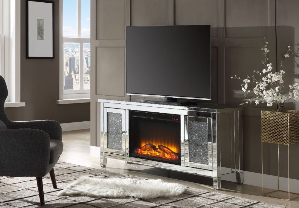 Noralie 91770 Mirror/Faux Diamonds TV Stand w/ LED Fireplace