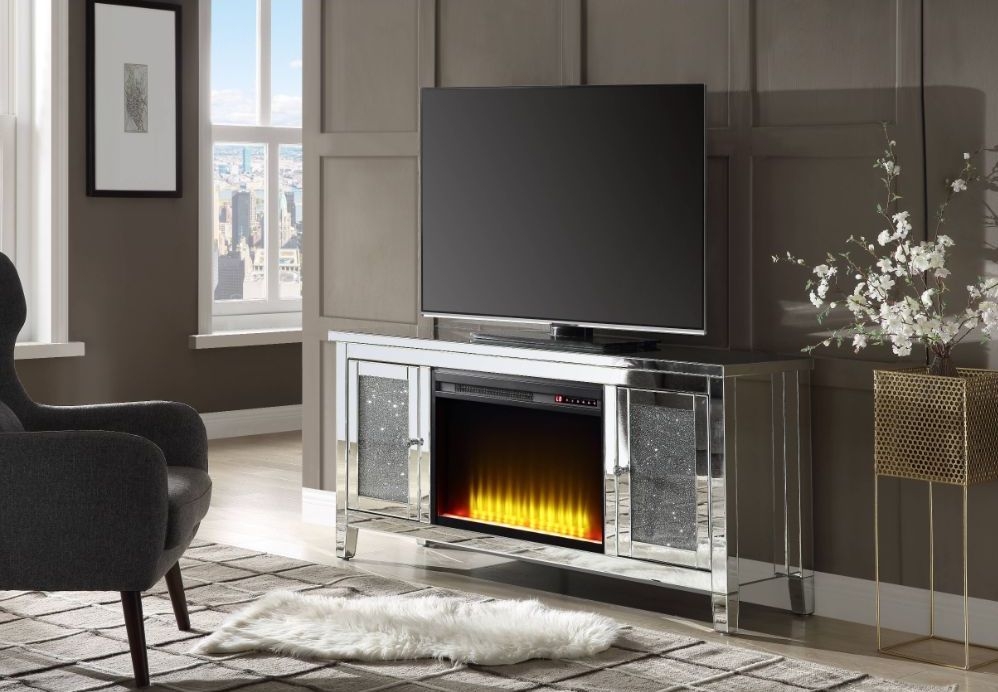 Noralie 91770 Mirror/Faux Diamonds TV Stand w/ LED Fireplace
