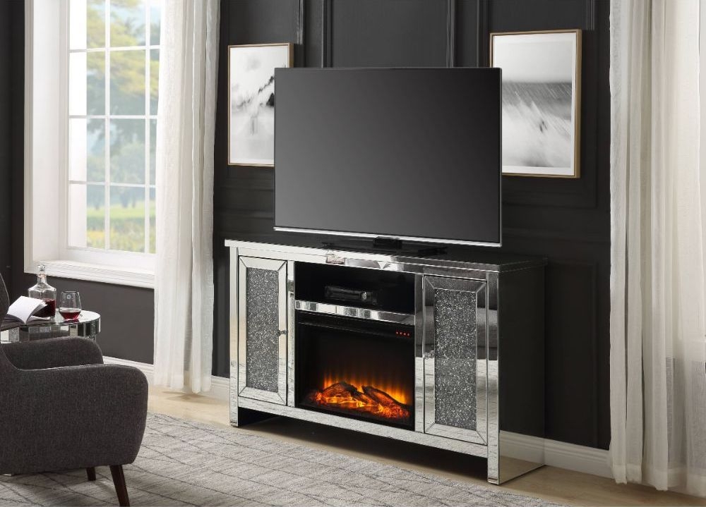 Noralie 91775 Mirror/Faux Diamonds TV Stand w/ LED Fireplace