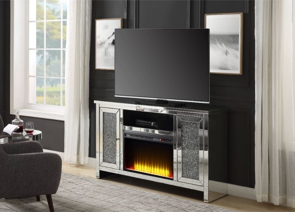Noralie 91775 Mirror/Faux Diamonds TV Stand w/ LED Fireplace