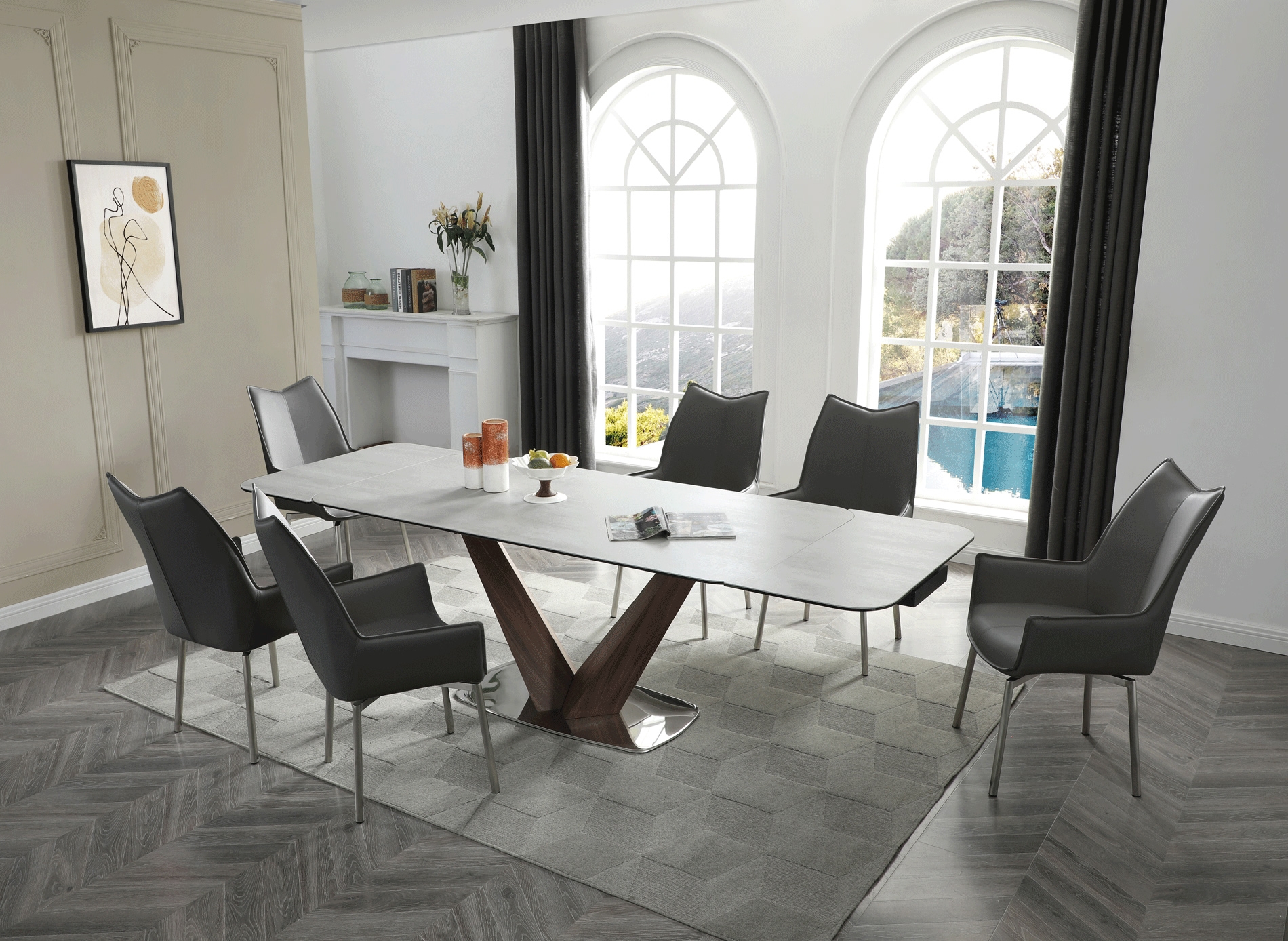 9188 Extendable Ceramic Top Dining Table & 4 1218 PU Swivel Chairs
