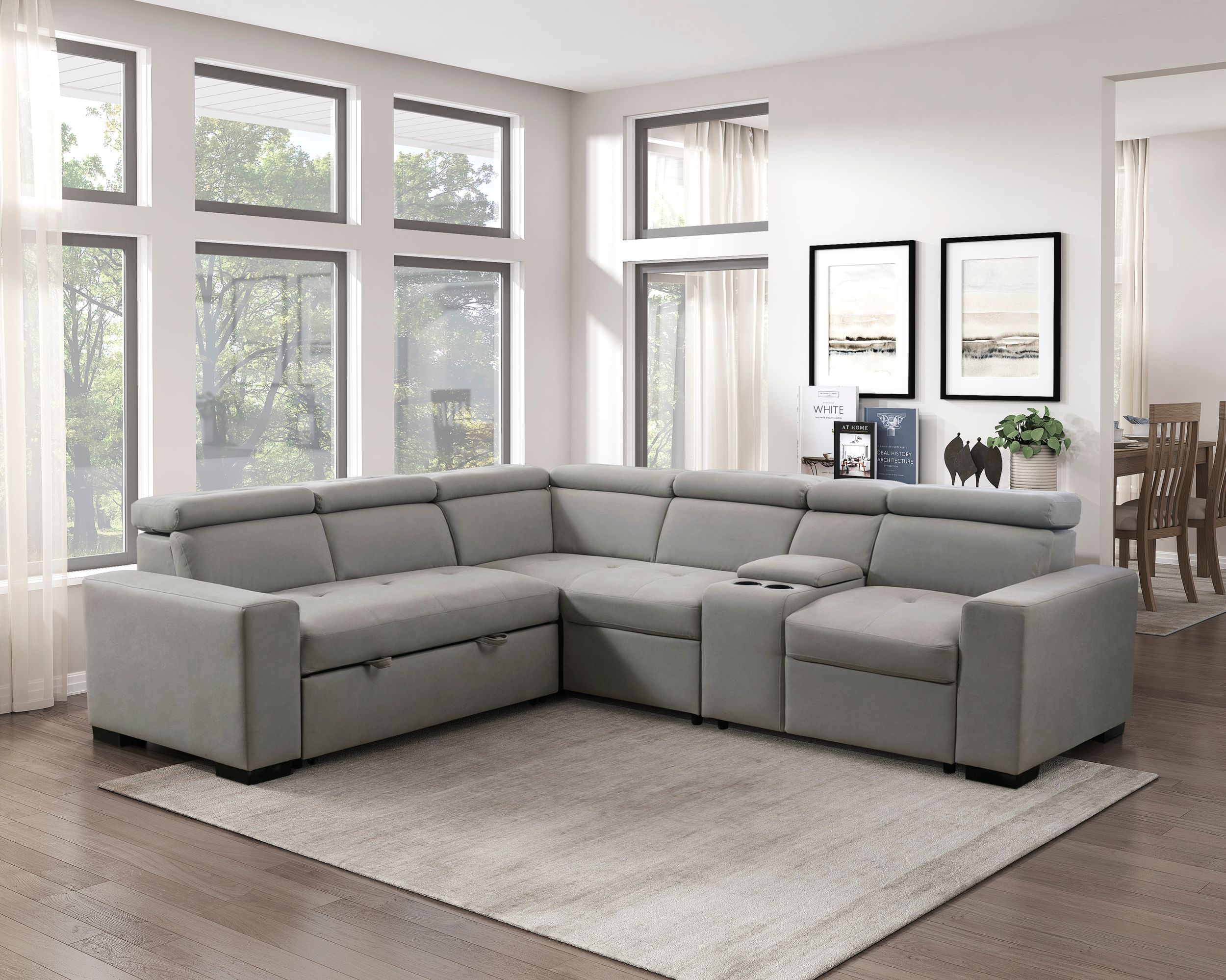 Farrah Microfiber 3‑Piece Sectional with Adjustable Headrests, Pull‑out Bed & Console