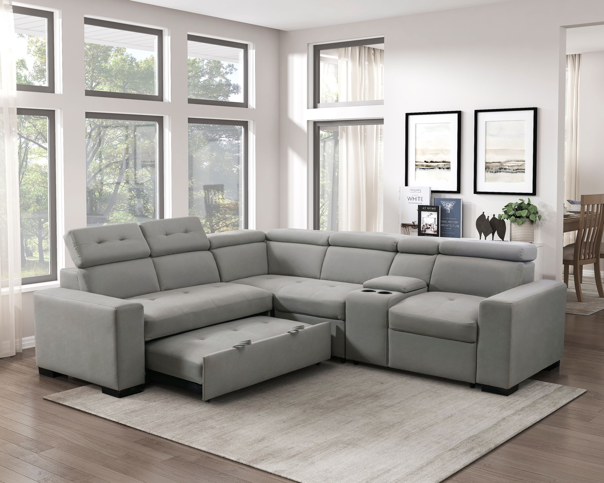 Farrah Microfiber 3‑Piece Sectional with Adjustable Headrests, Pull‑out Bed & Console