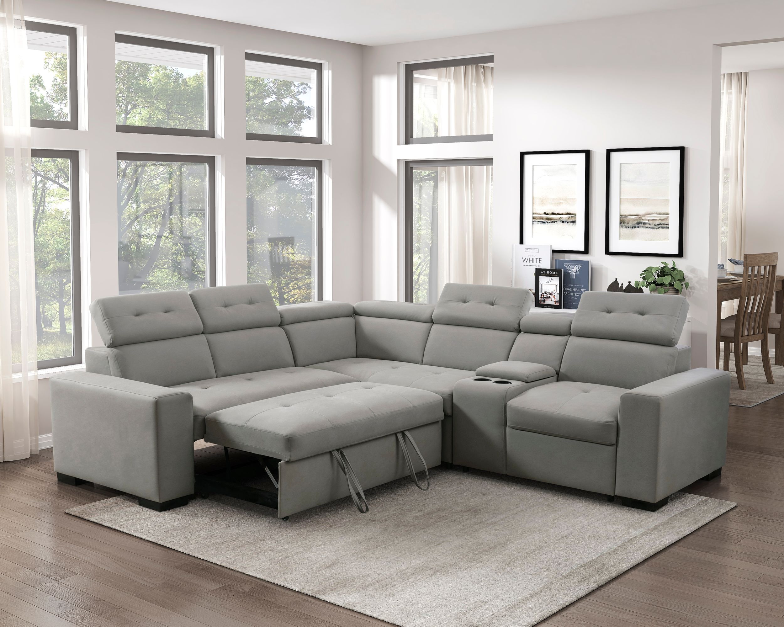 Farrah Microfiber 3‑Piece Sectional with Adjustable Headrests, Pull‑out Bed & Console