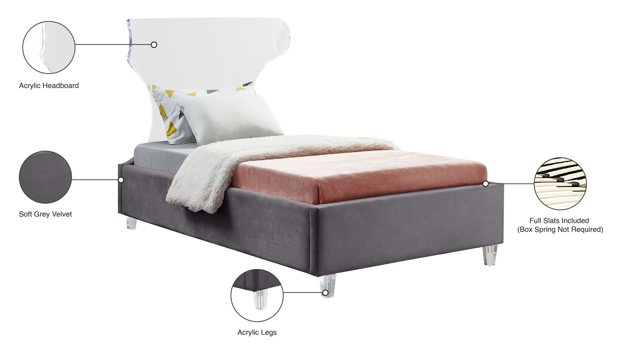 Ghost Velvet Twin Size Bed
