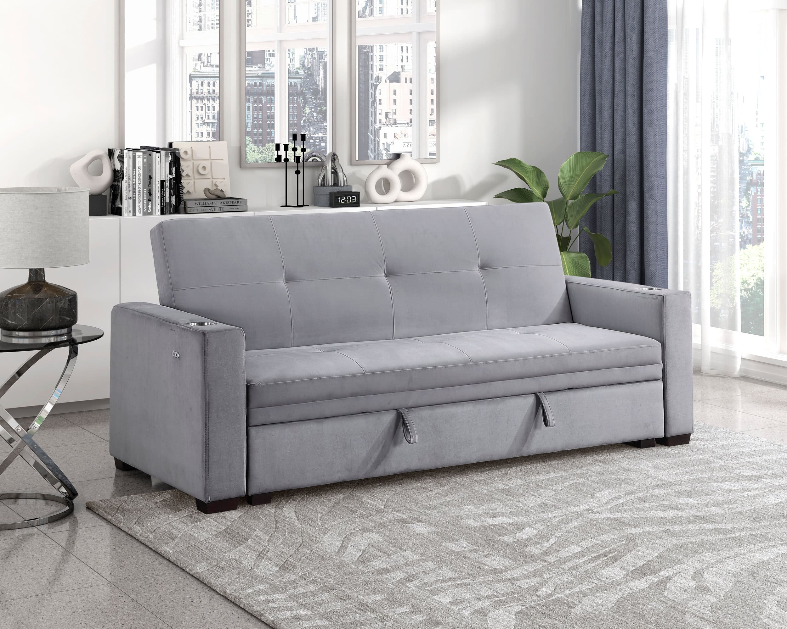 Grady Velvet Convertible Sofa Bed with Hidden Storage, Cup Holders & Charging Ports