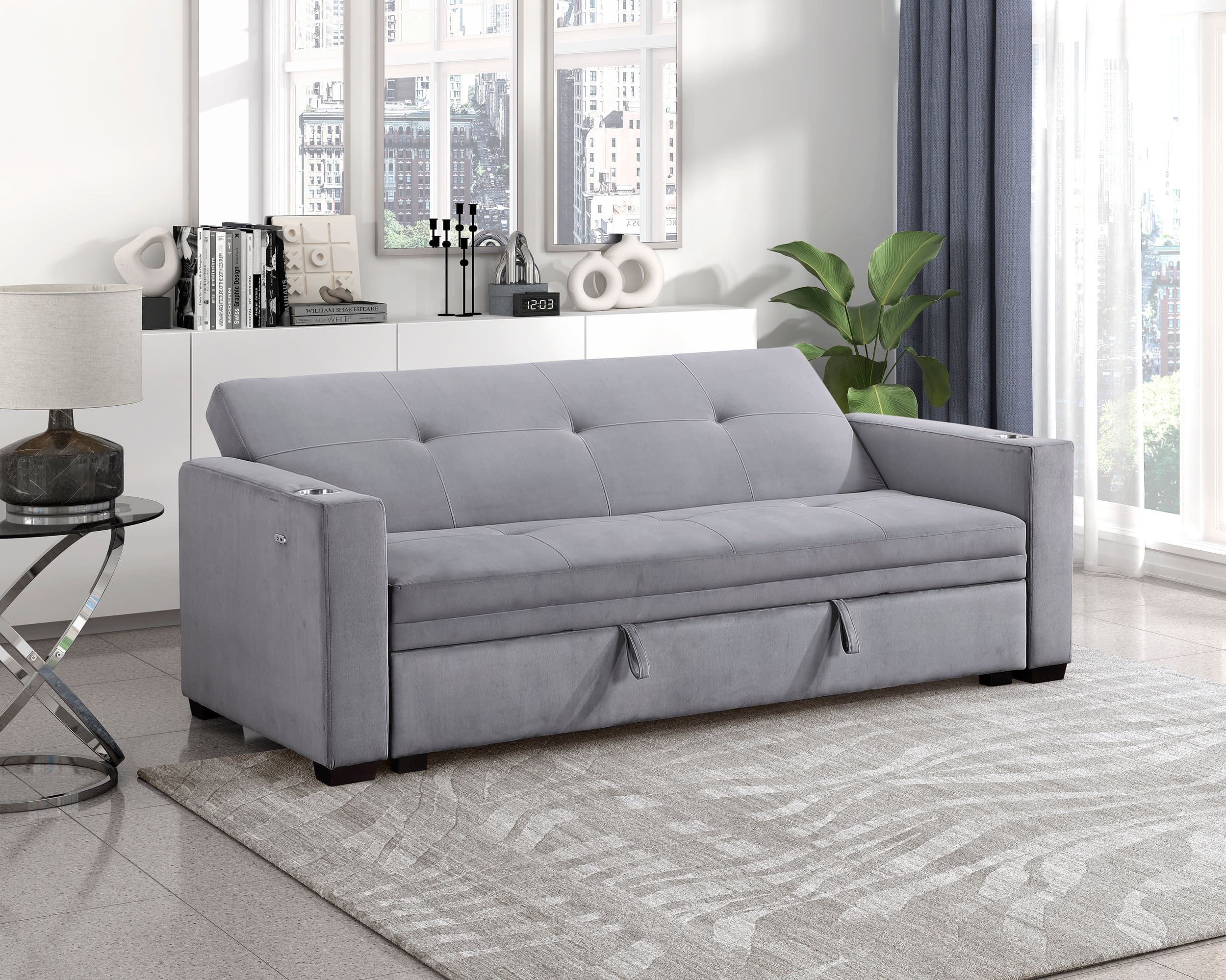 Grady Velvet Convertible Sofa Bed with Hidden Storage, Cup Holders & Charging Ports