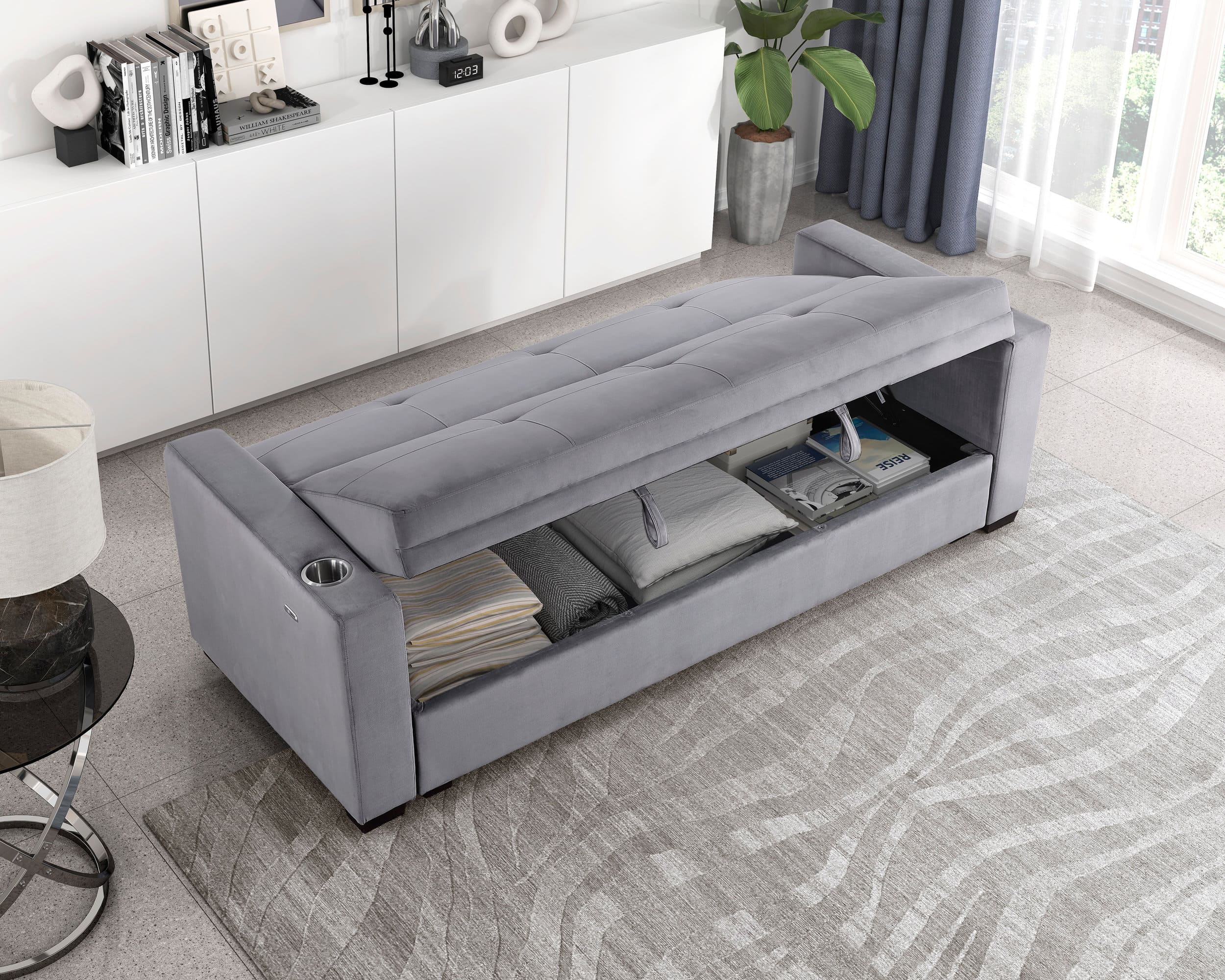Grady Velvet Convertible Sofa Bed with Hidden Storage, Cup Holders & Charging Ports