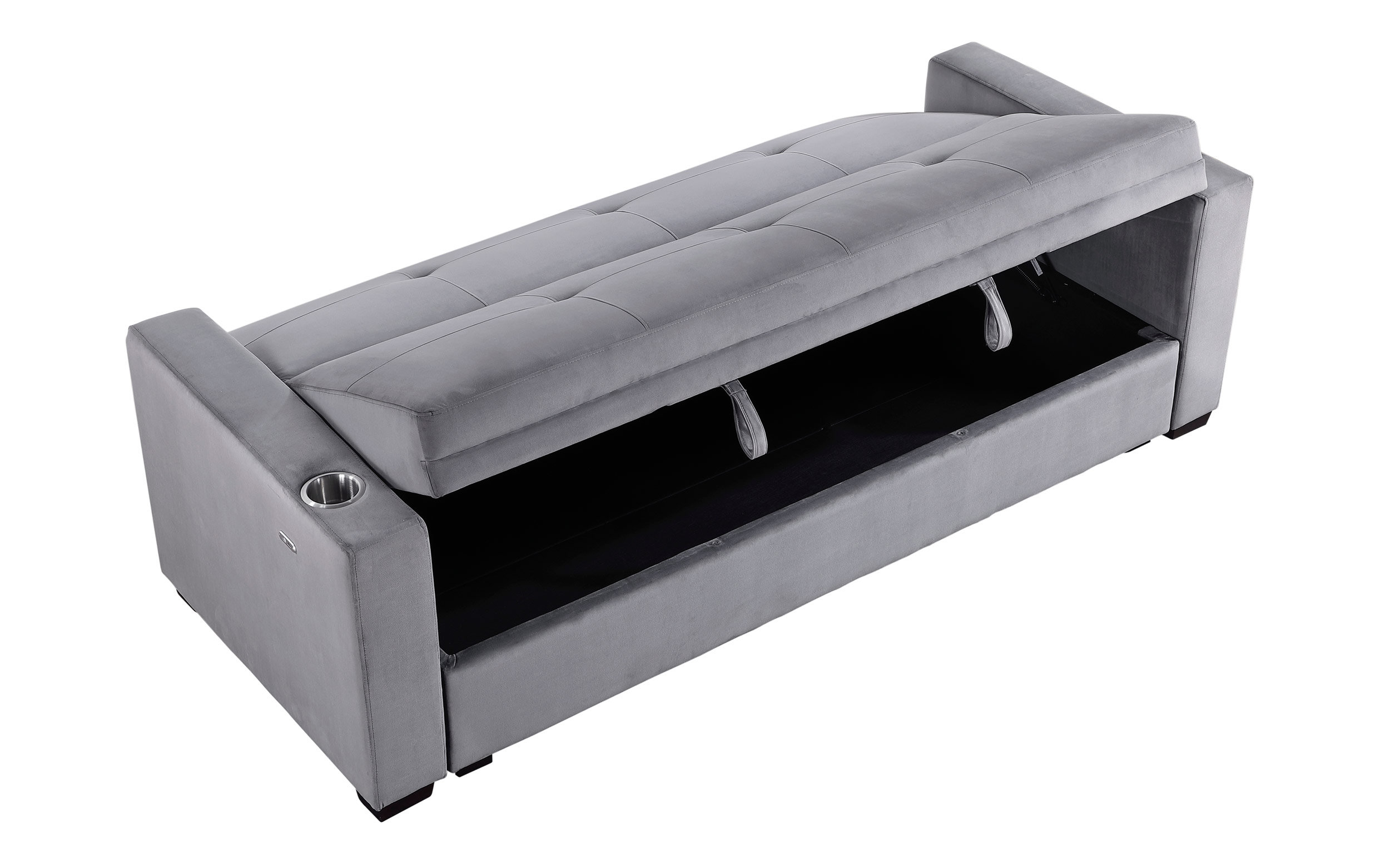 Grady Velvet Convertible Sofa Bed with Hidden Storage, Cup Holders & Charging Ports