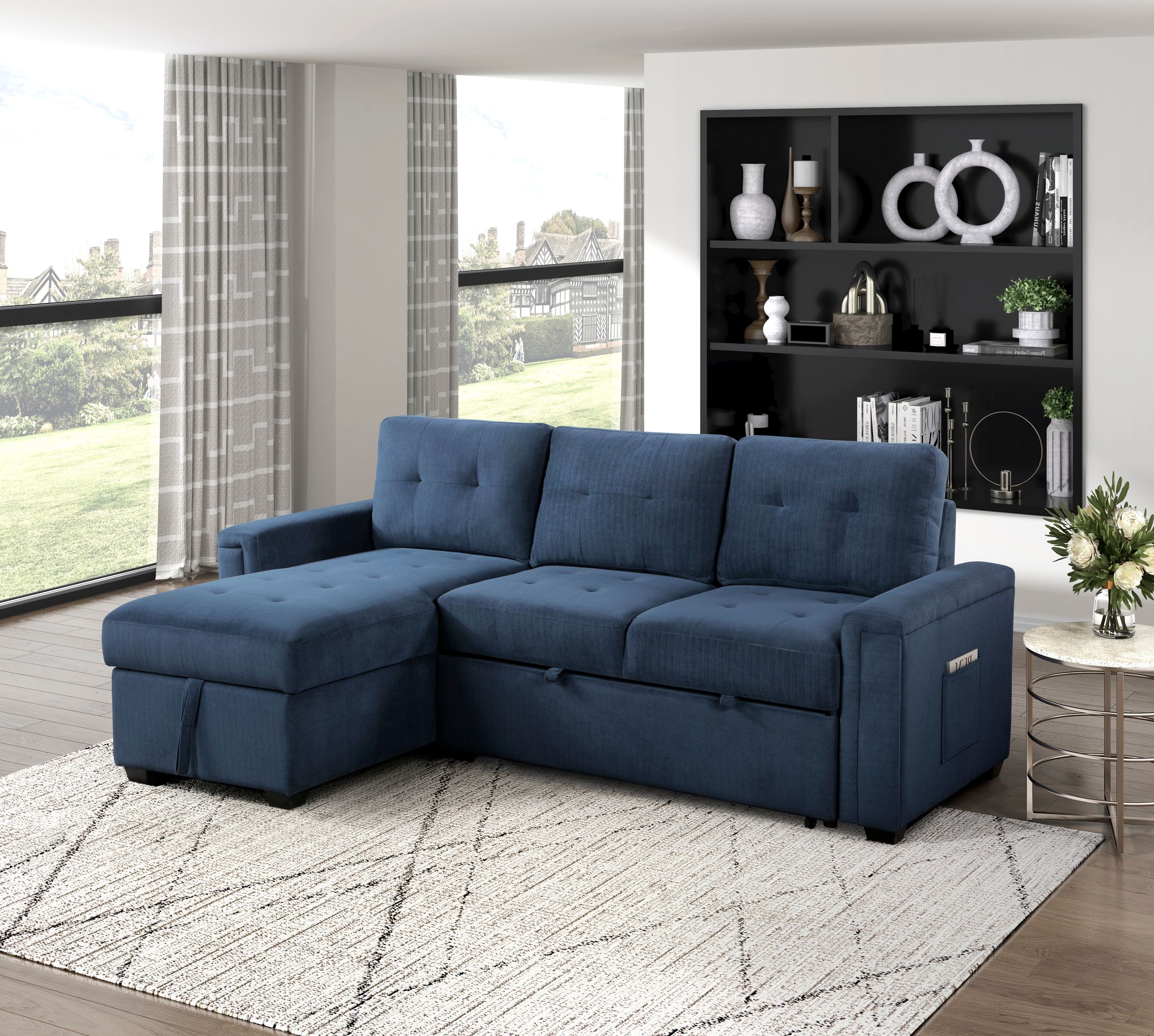 Barbara Polyester Reversible Sectional Sofa Chaise with Hidden Storage & Pull‑out Bed