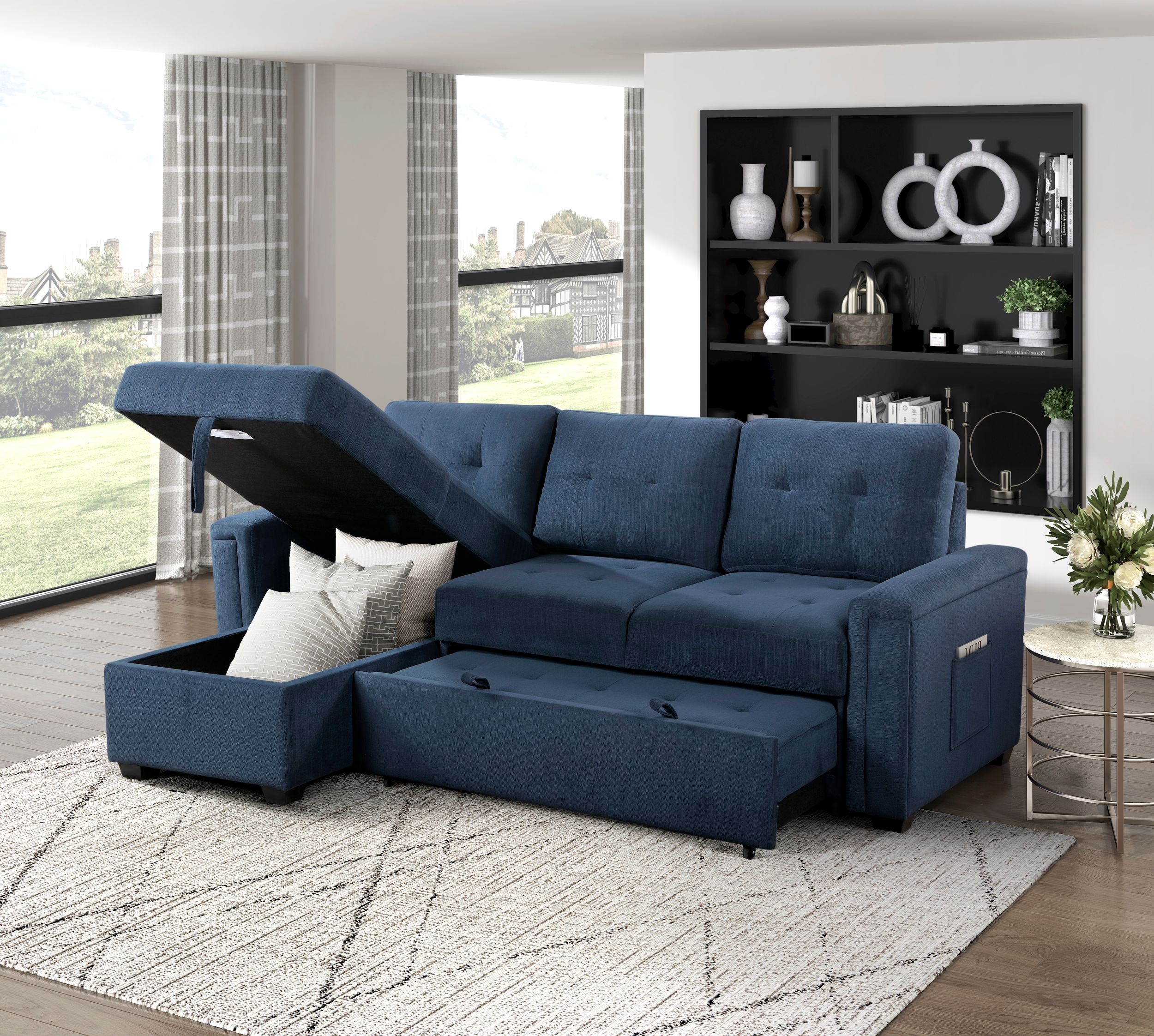Barbara Polyester Reversible Sectional Sofa Chaise with Hidden Storage & Pull‑out Bed
