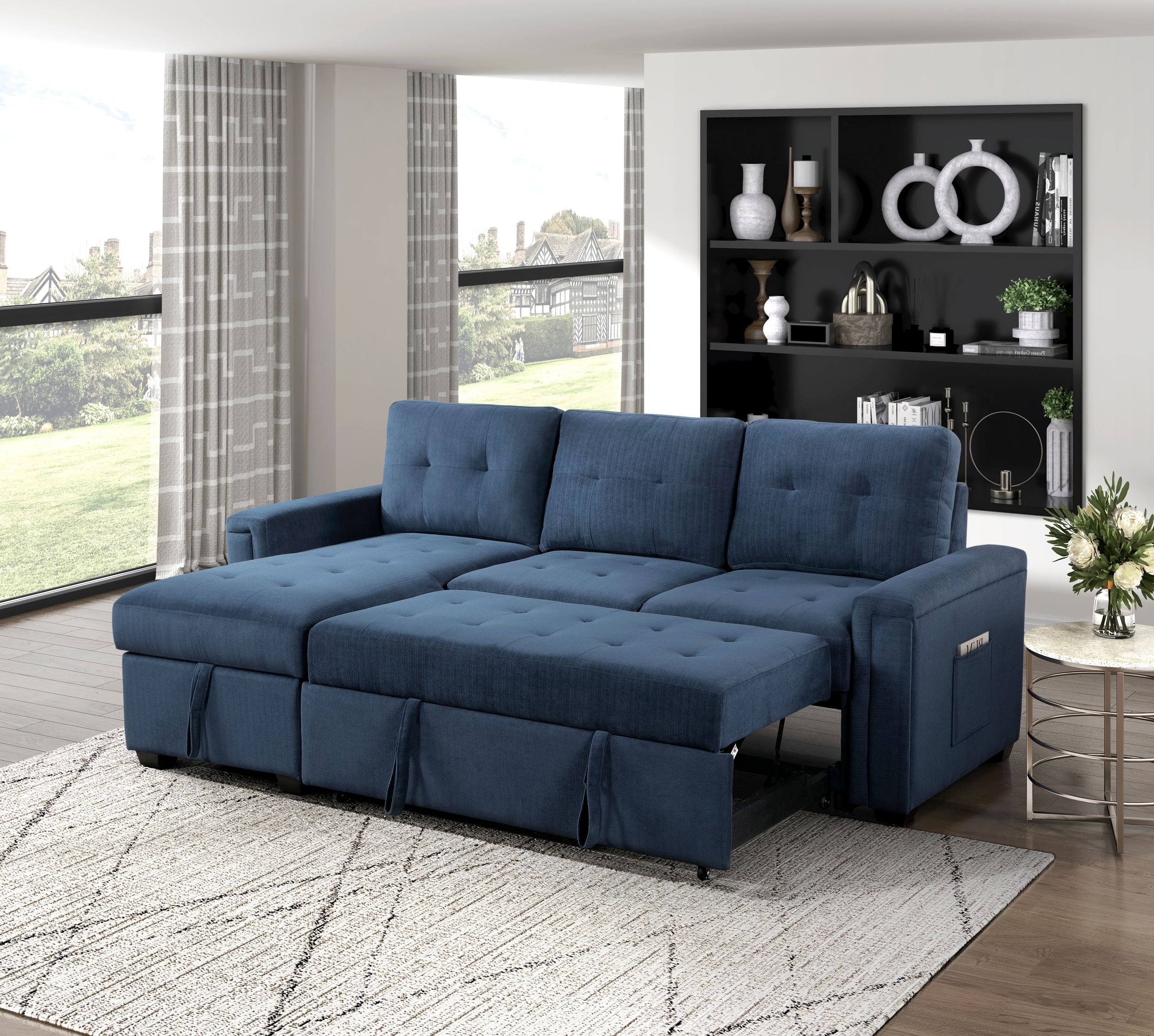 Barbara Polyester Reversible Sectional Sofa Chaise with Hidden Storage & Pull‑out Bed