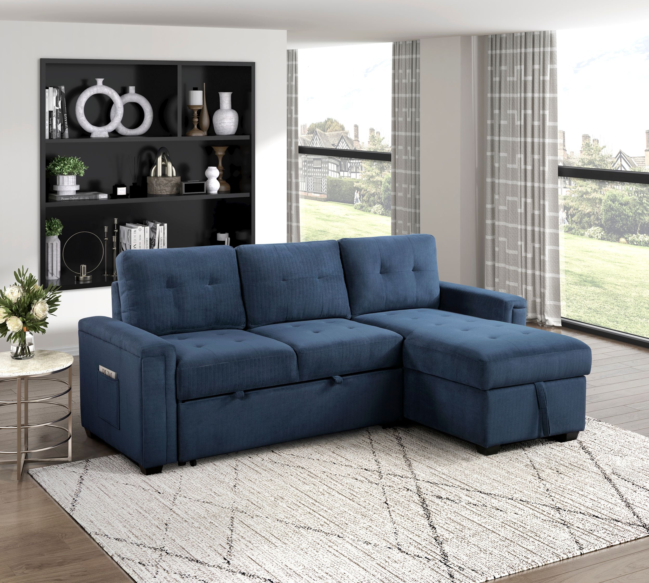 Barbara Polyester Reversible Sectional Sofa Chaise with Hidden Storage & Pull‑out Bed