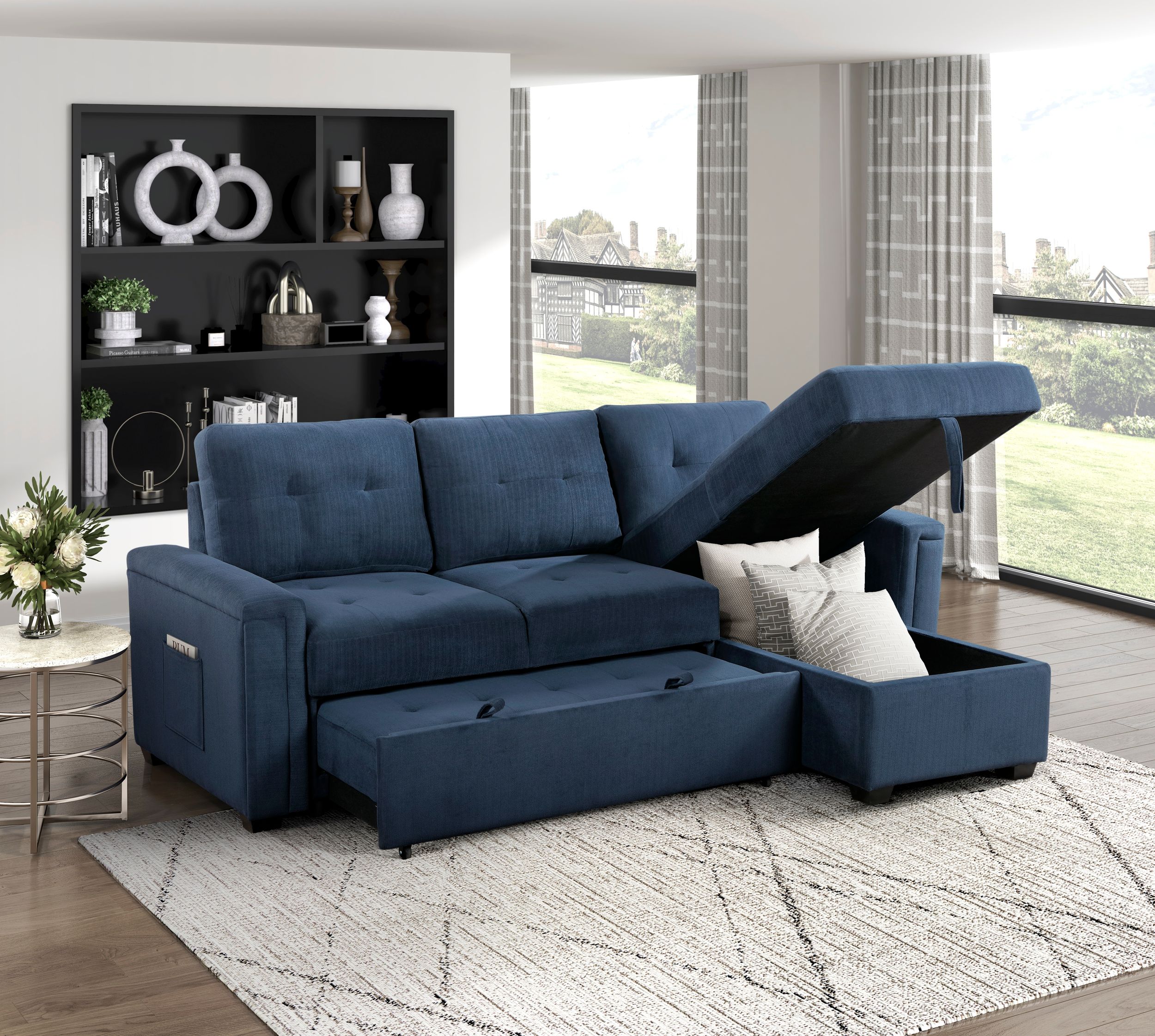 Barbara Polyester Reversible Sectional Sofa Chaise with Hidden Storage & Pull‑out Bed