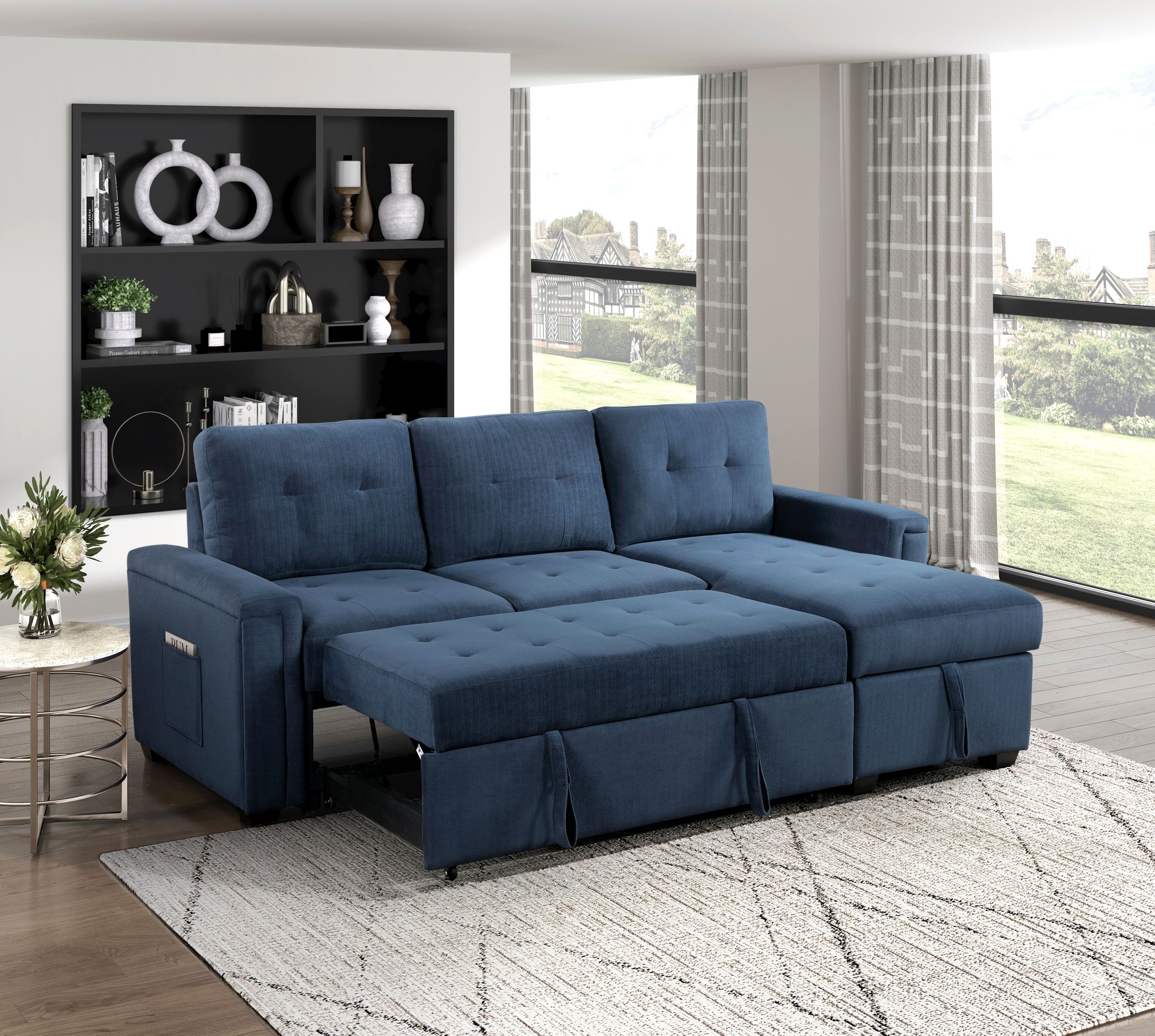 Barbara Polyester Reversible Sectional Sofa Chaise with Hidden Storage & Pull‑out Bed