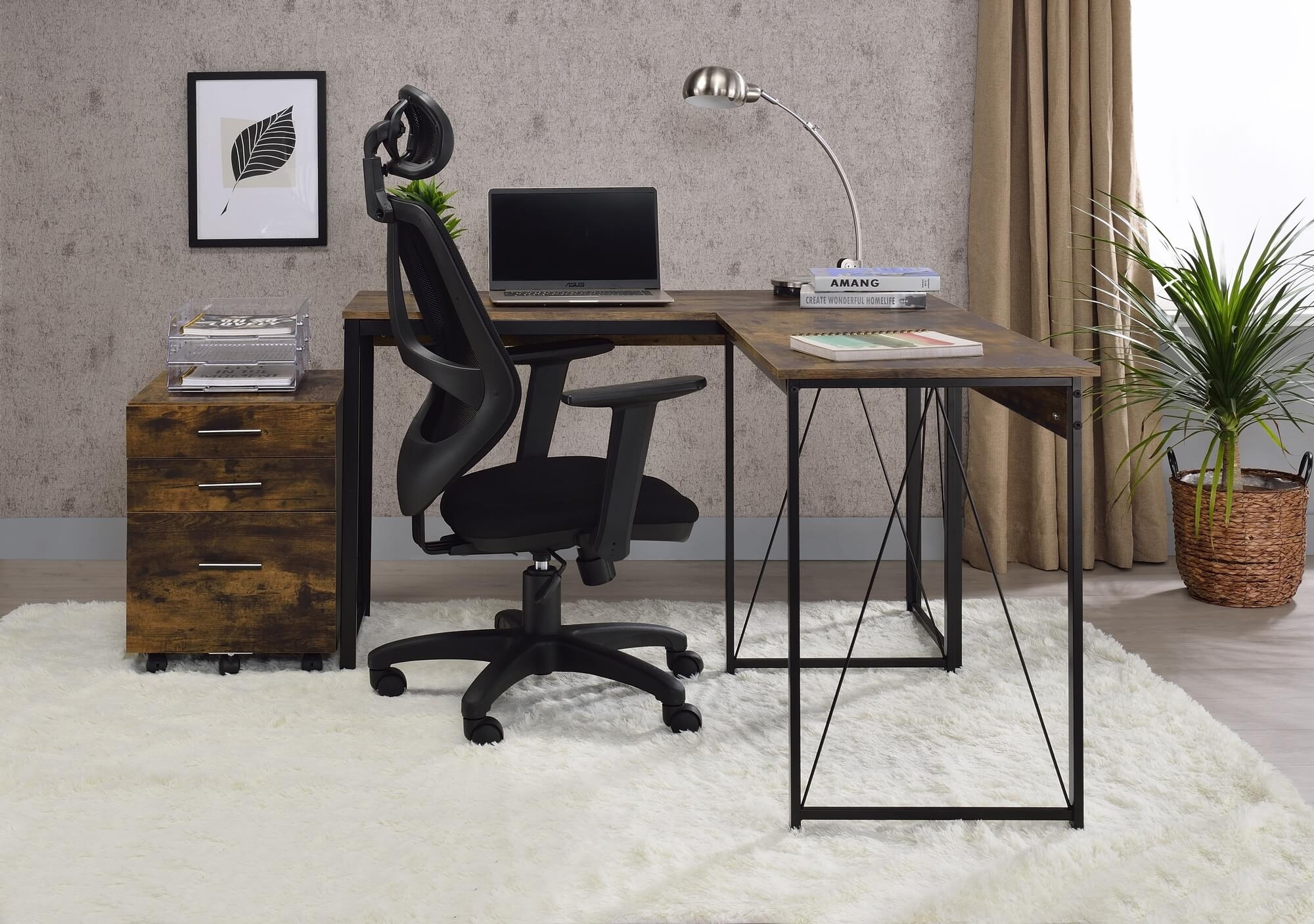 Zaidin Wood Veneer/Metal L-Shaped Writing Desk