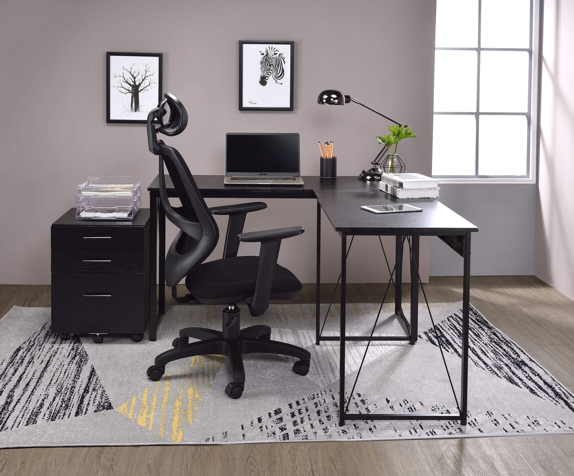 Zaidin Wood Veneer/Metal L-Shaped Writing Desk