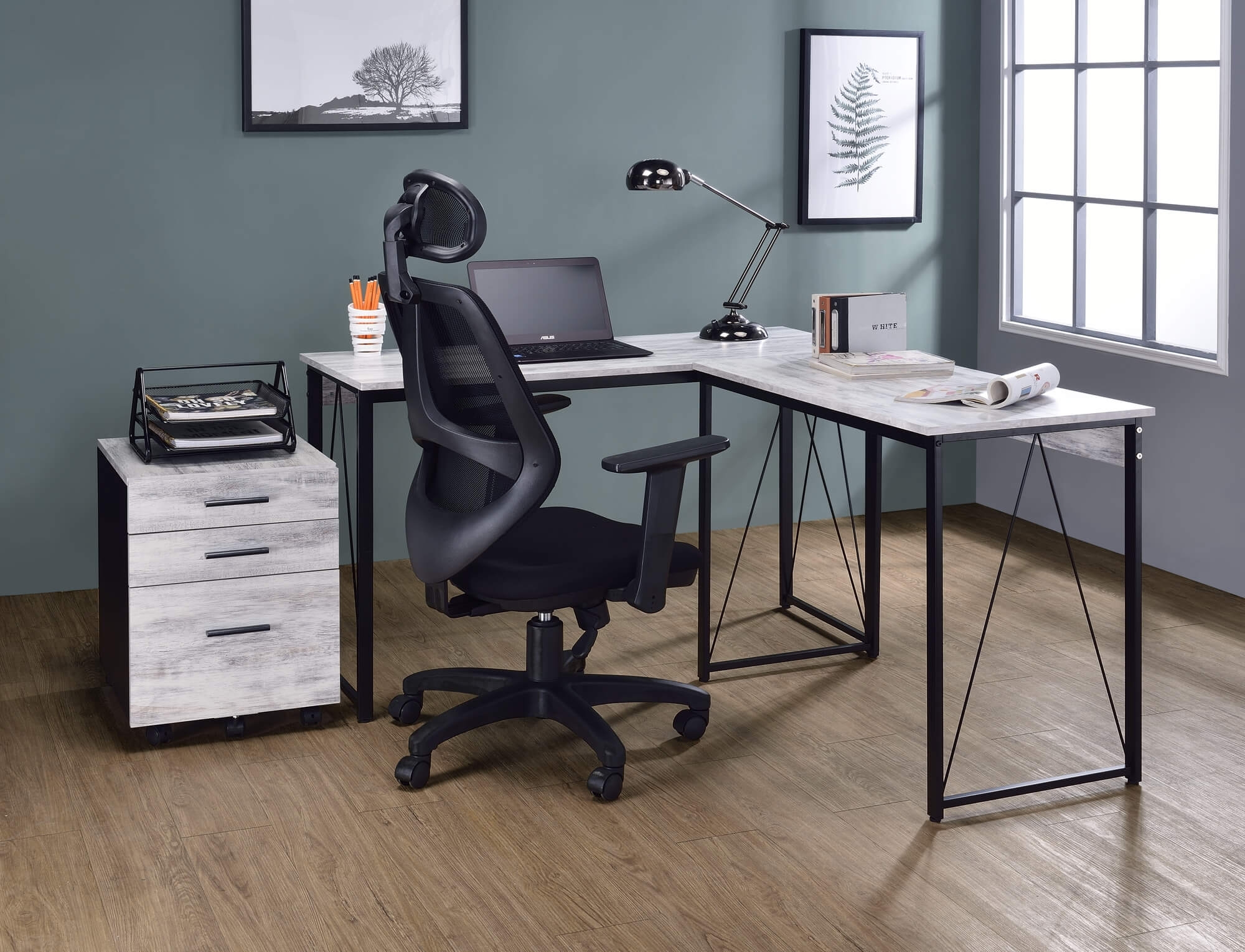 Zaidin Wood Veneer/Metal L-Shaped Writing Desk