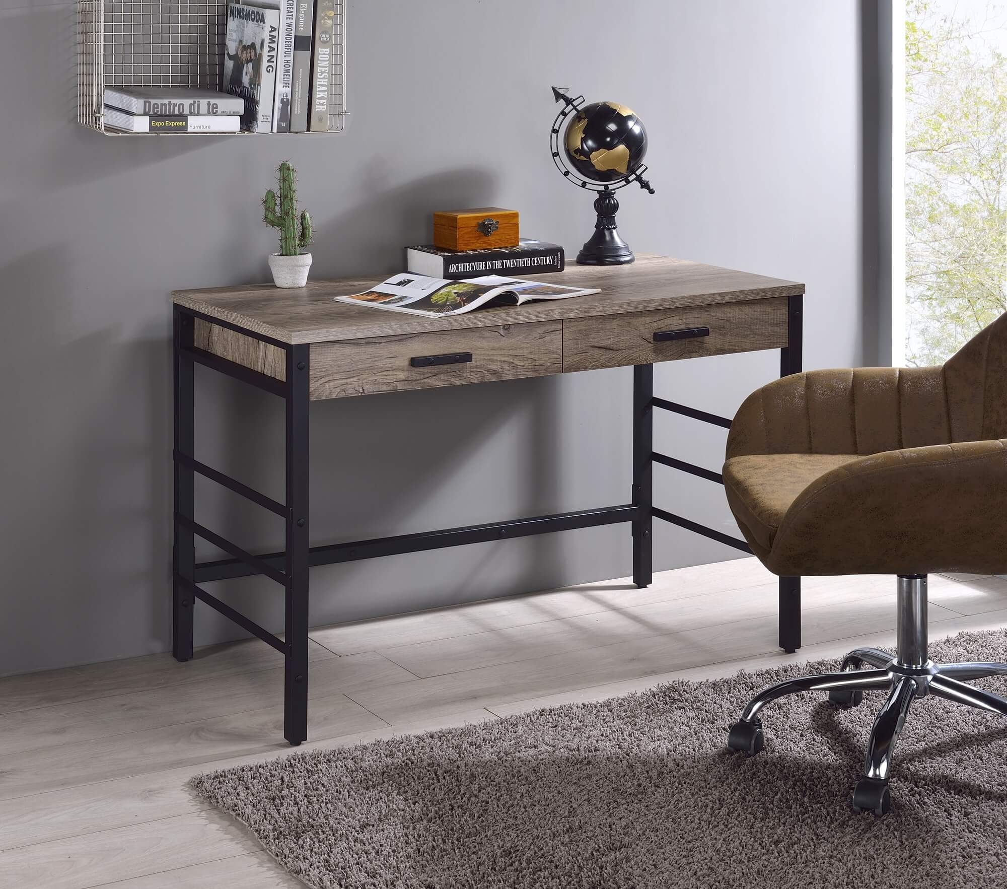 Disho Wood Veneer/Metal Writing Desk
