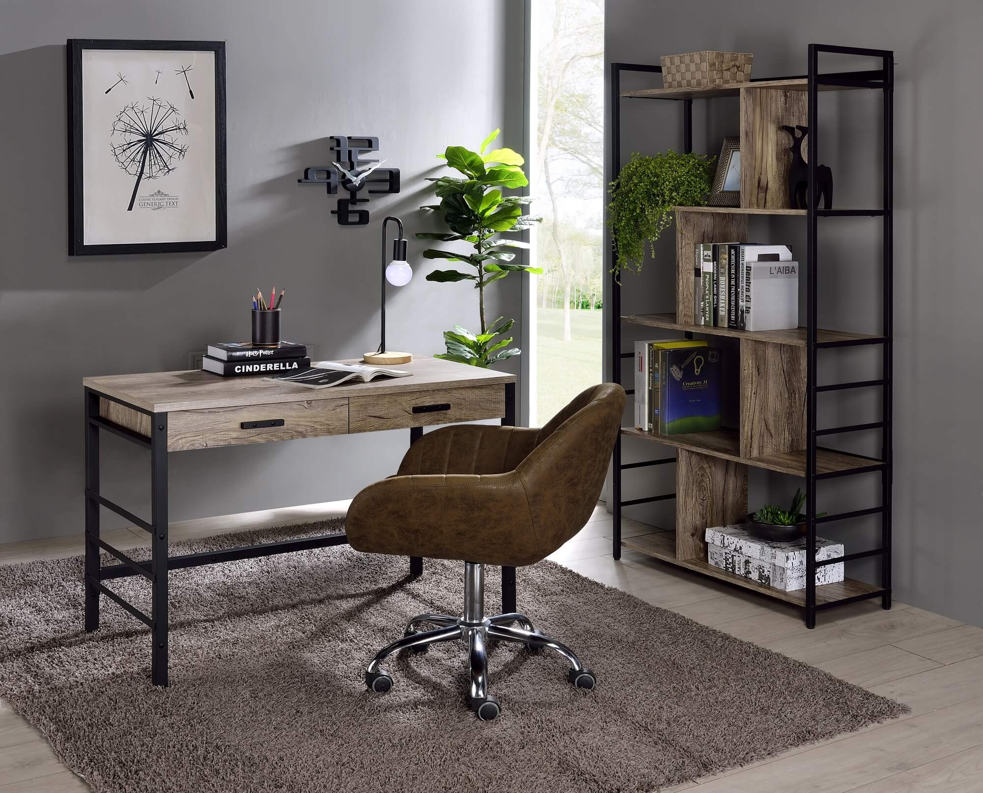 Disho Wood Veneer/Metal Writing Desk