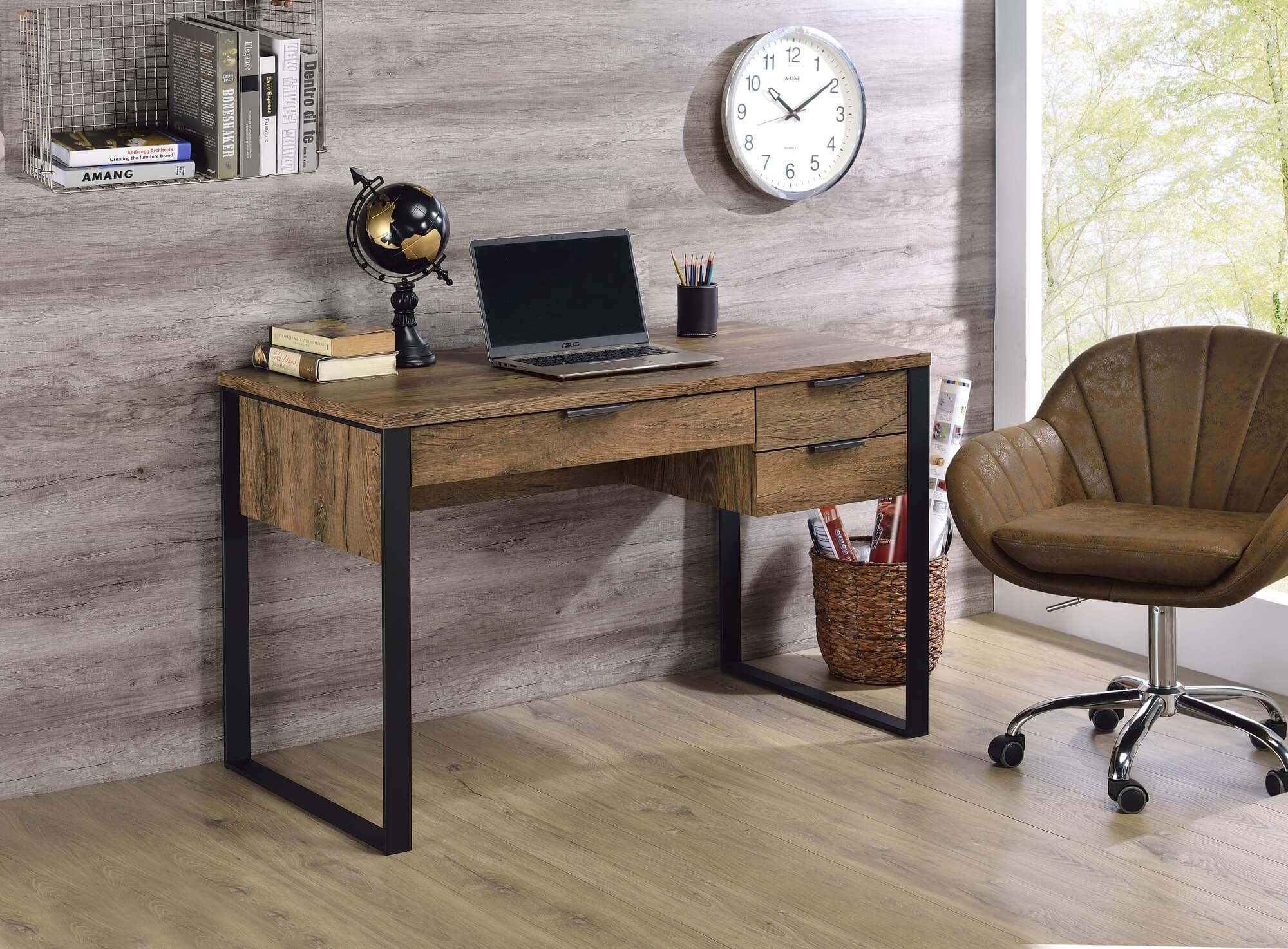 Aflo Wood Veneer/Metal Writing Desk