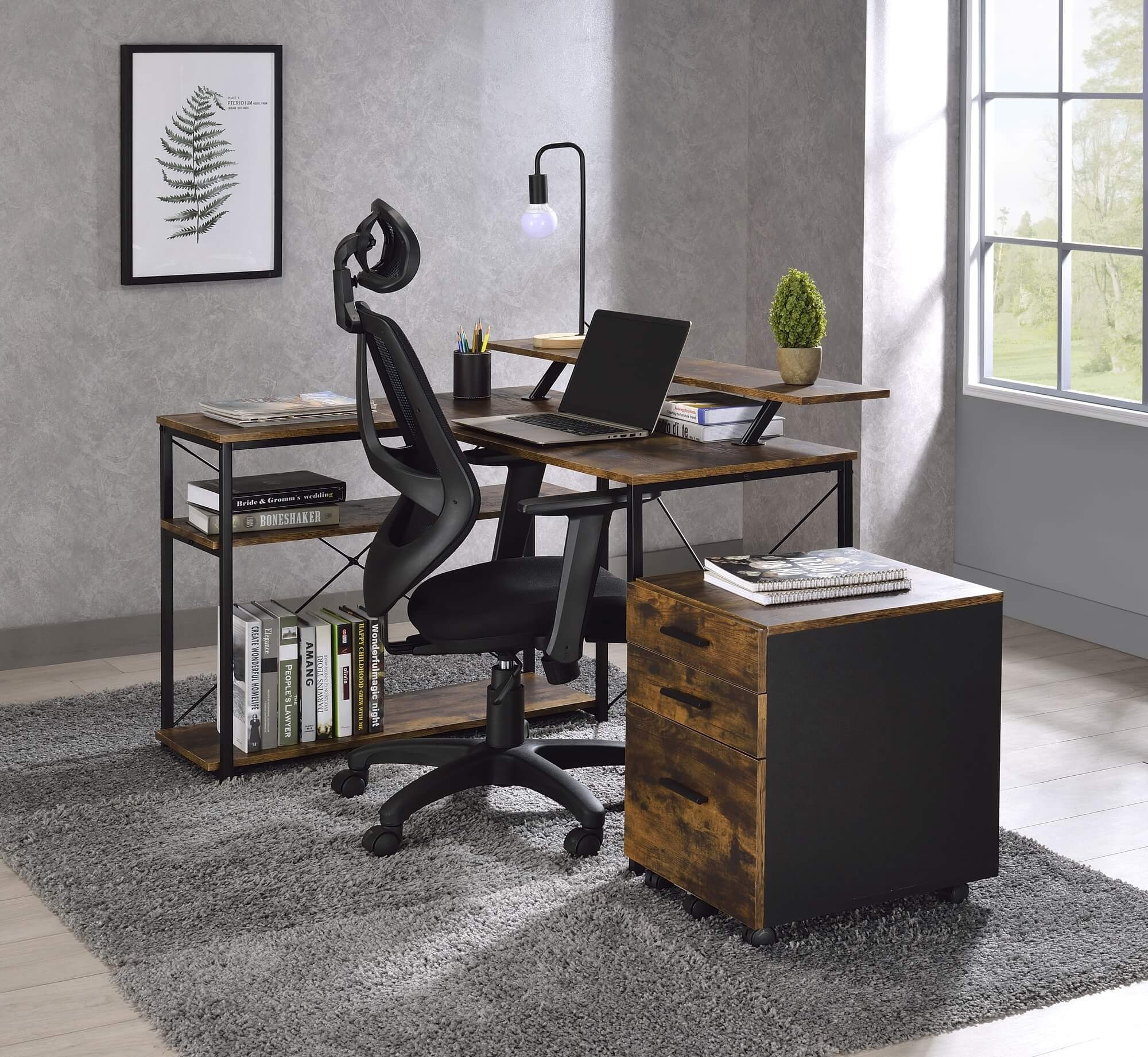 Drebo Wood Veneer/Metal L-Shaped Writing Desk