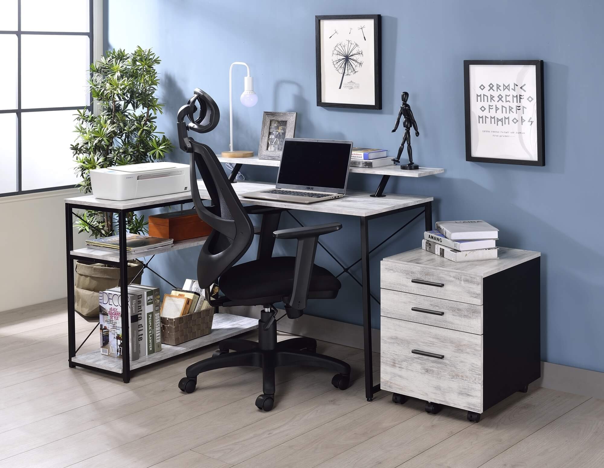 Drebo Wood Veneer/Metal L-Shaped Writing Desk