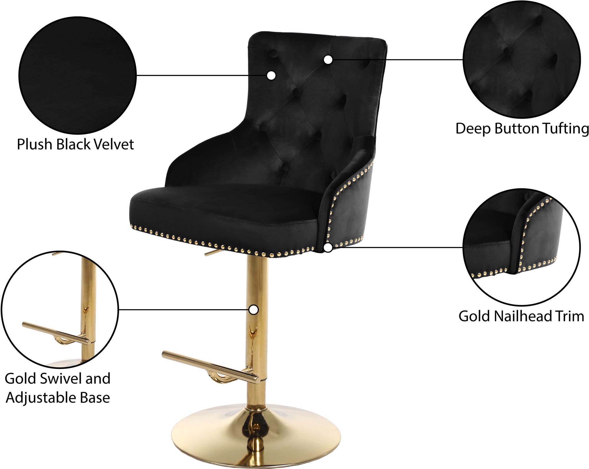 Claude Velvet Adjustable Stool with Gold Base