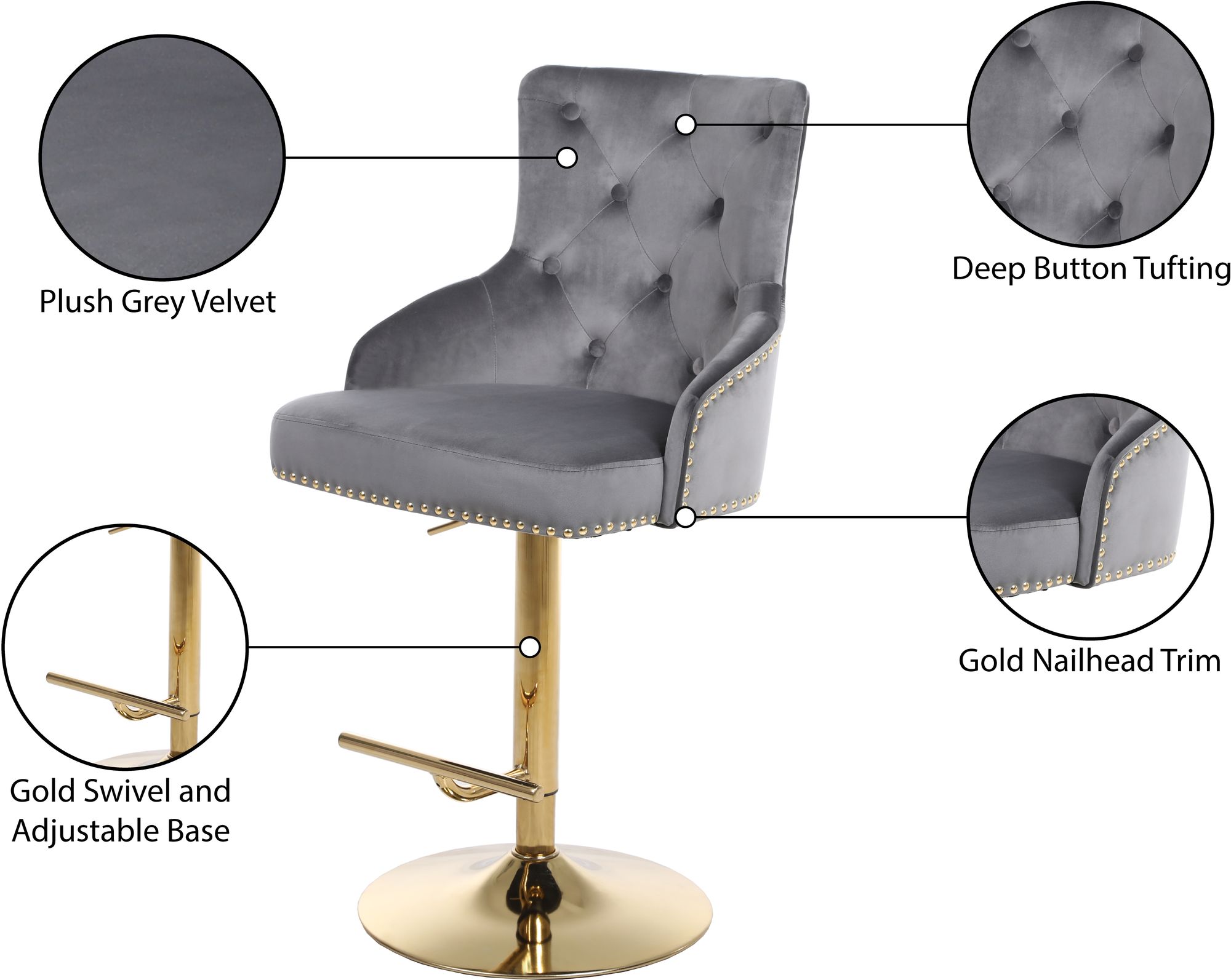 Claude Velvet Adjustable Stool with Gold Base