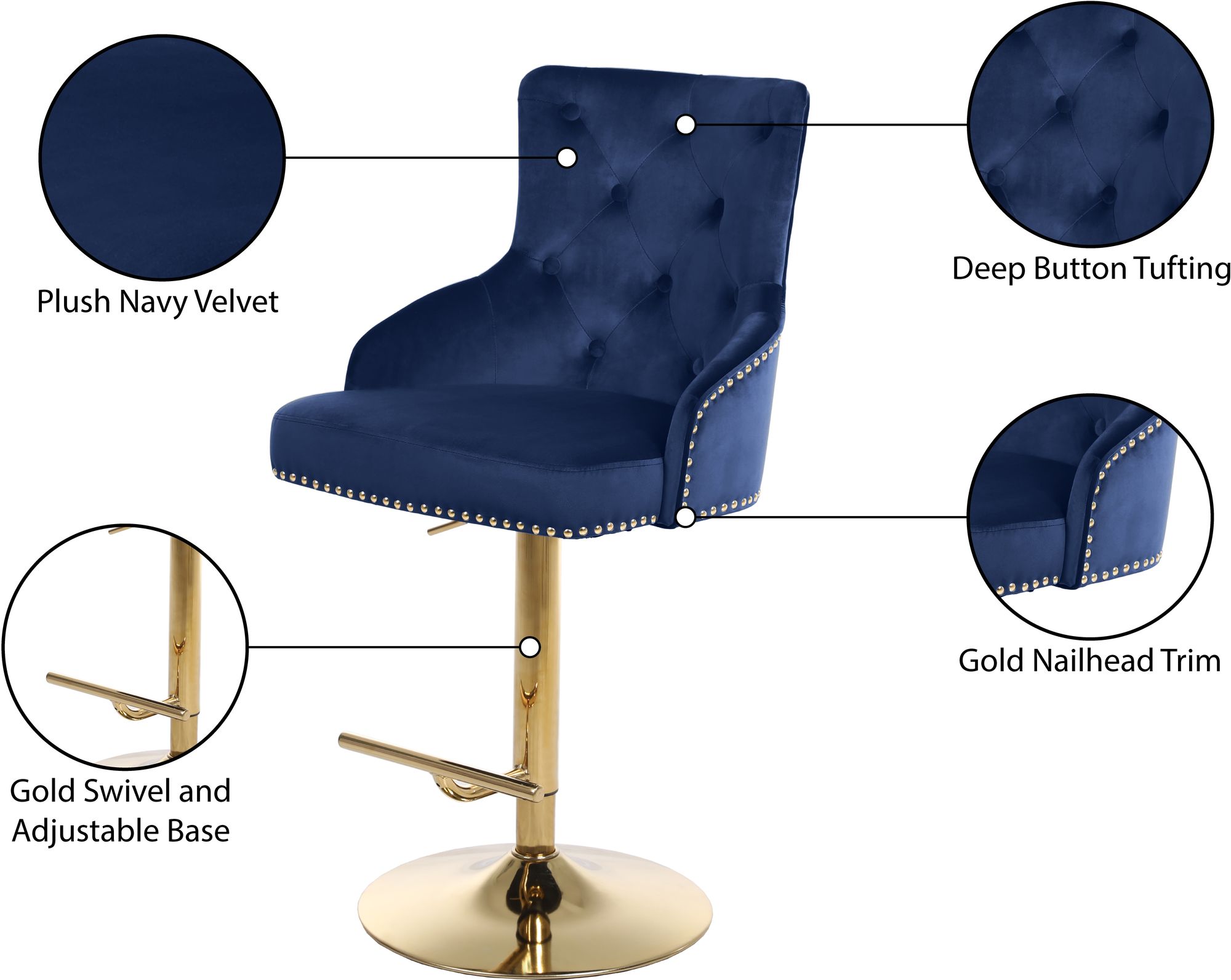 Claude Velvet Adjustable Stool with Gold Base