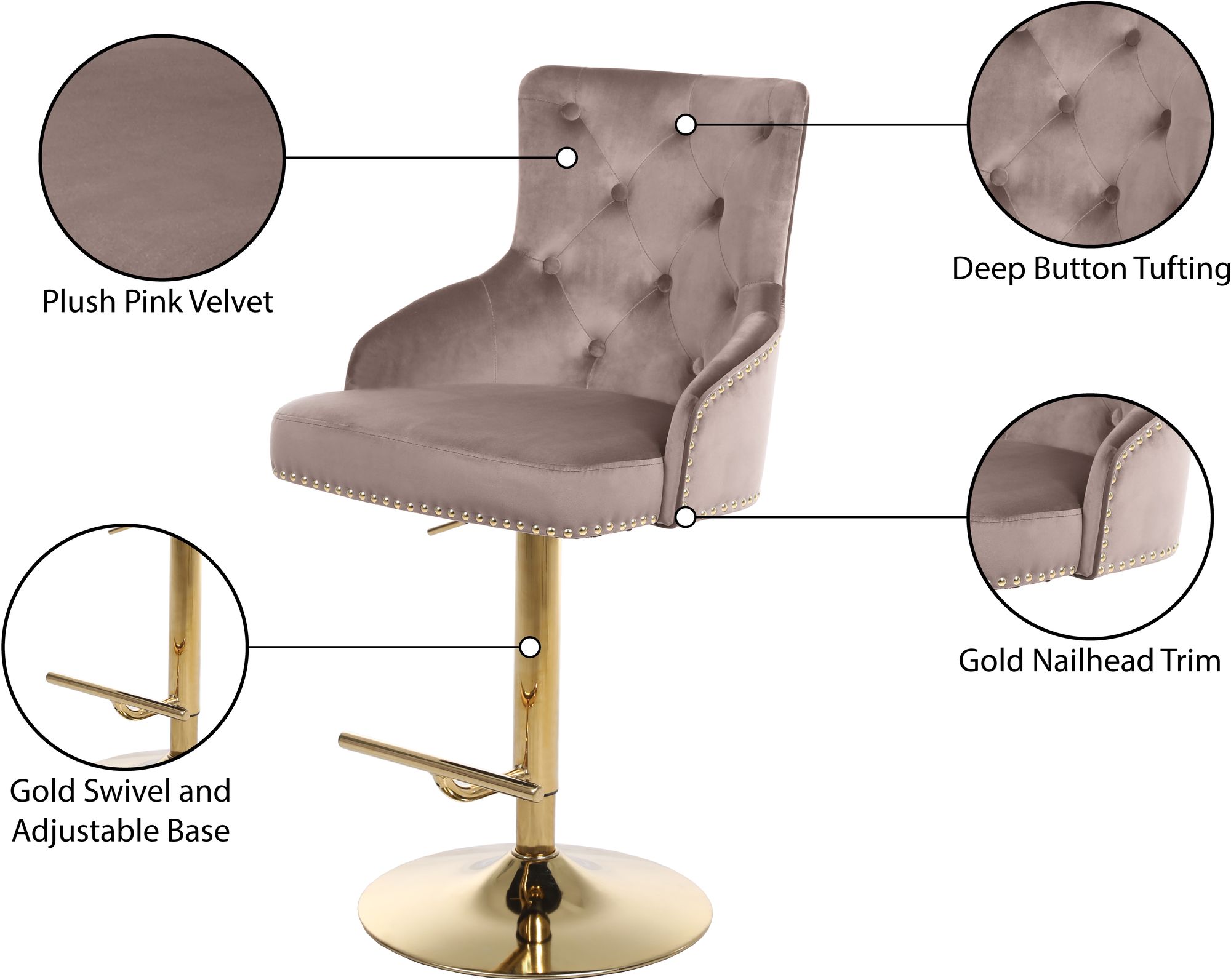 Claude Velvet Adjustable Stool with Gold Base