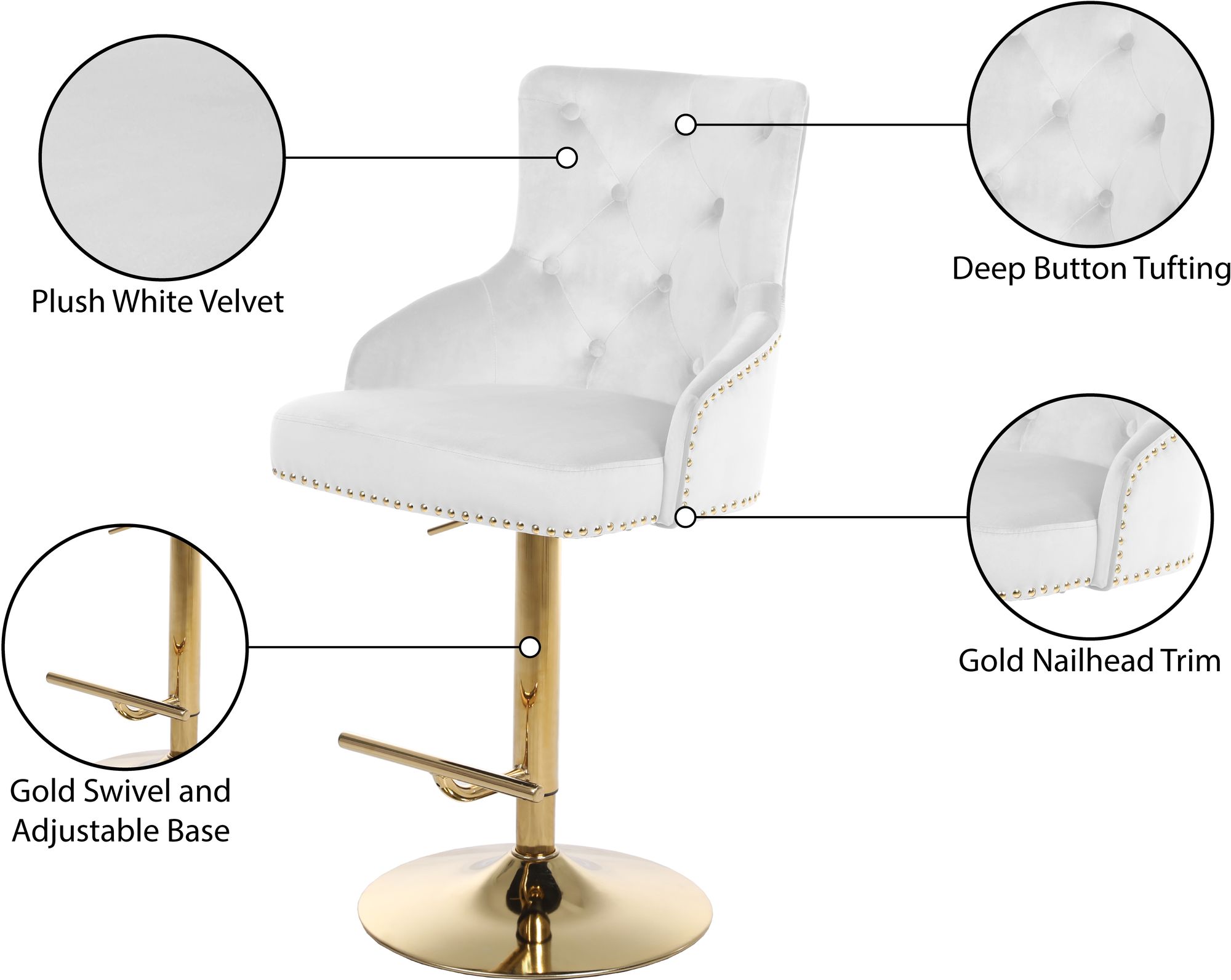 Claude Velvet Adjustable Stool with Gold Base