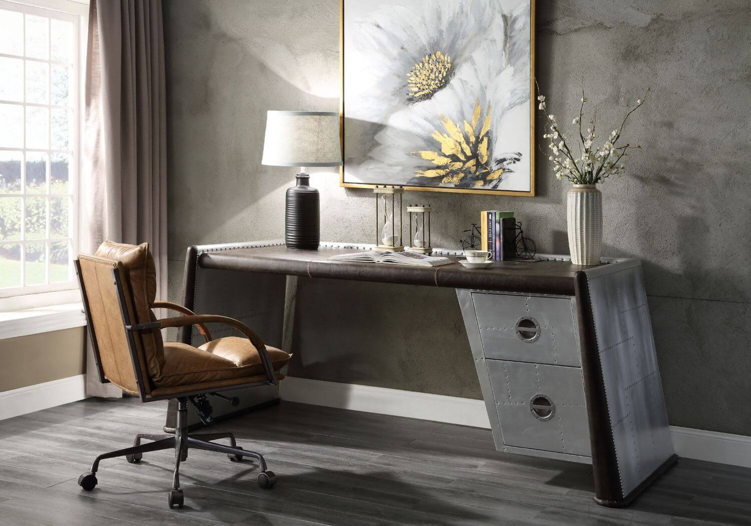 Brancaster 92855 Top Grain Leather/Aluminum Desk
