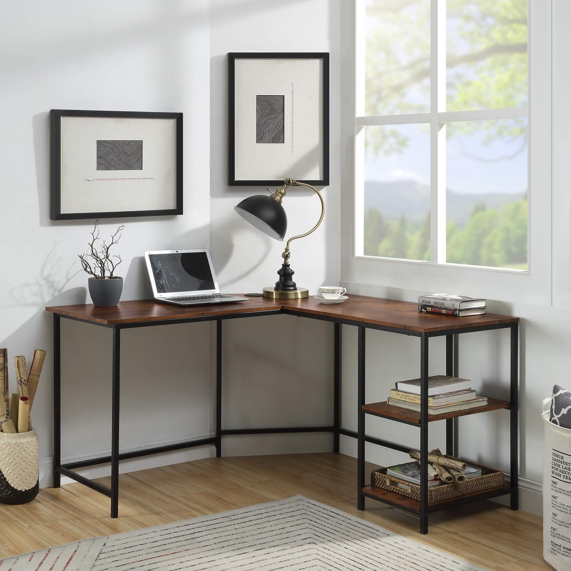 Taurus Wood Veneer/Metal L-Shaped Writing Desk w/ USB Port