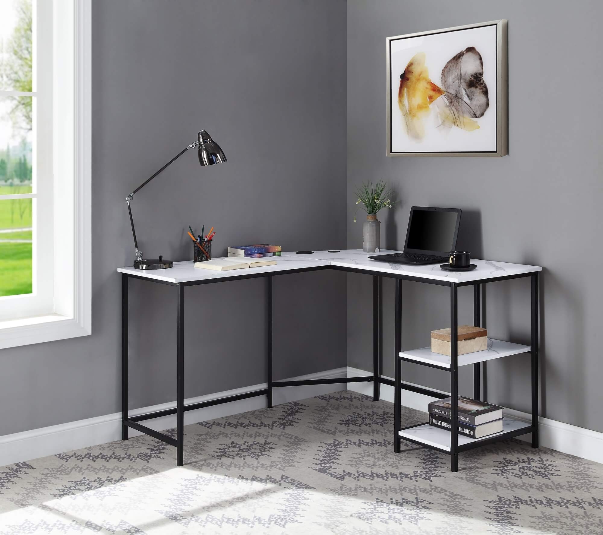 Taurus Wood Veneer/Metal L-Shaped Writing Desk w/ USB Port
