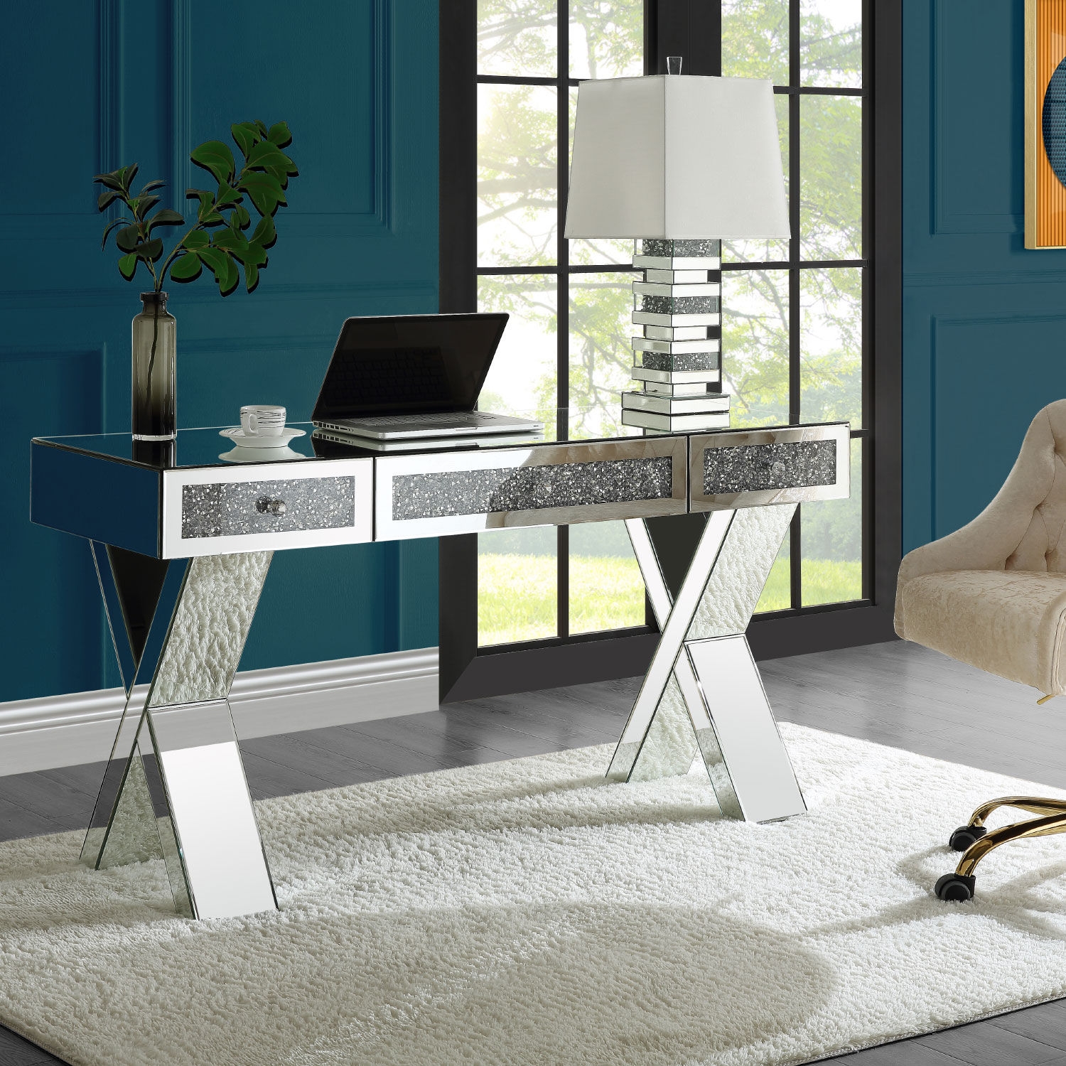 Noralie 93116 Mirrored/Faux Diamonds Writing Desk