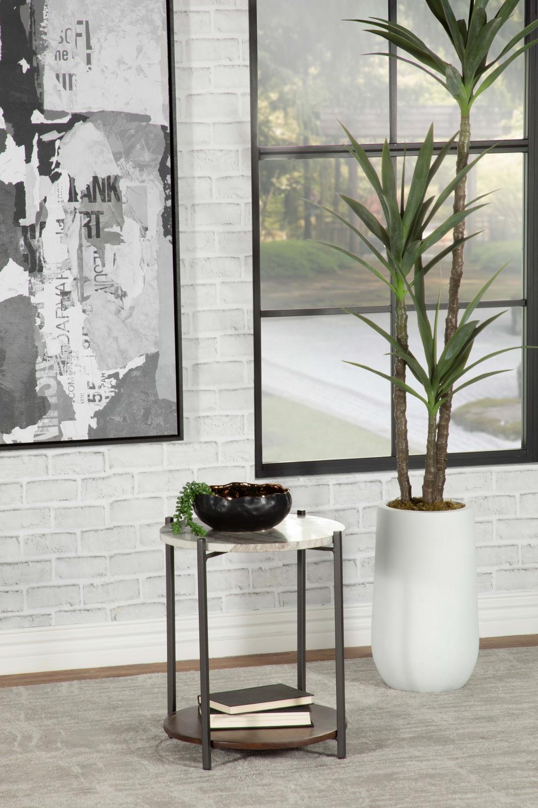 Noemie Round Accent Table with Marble Top & Wood Shelf