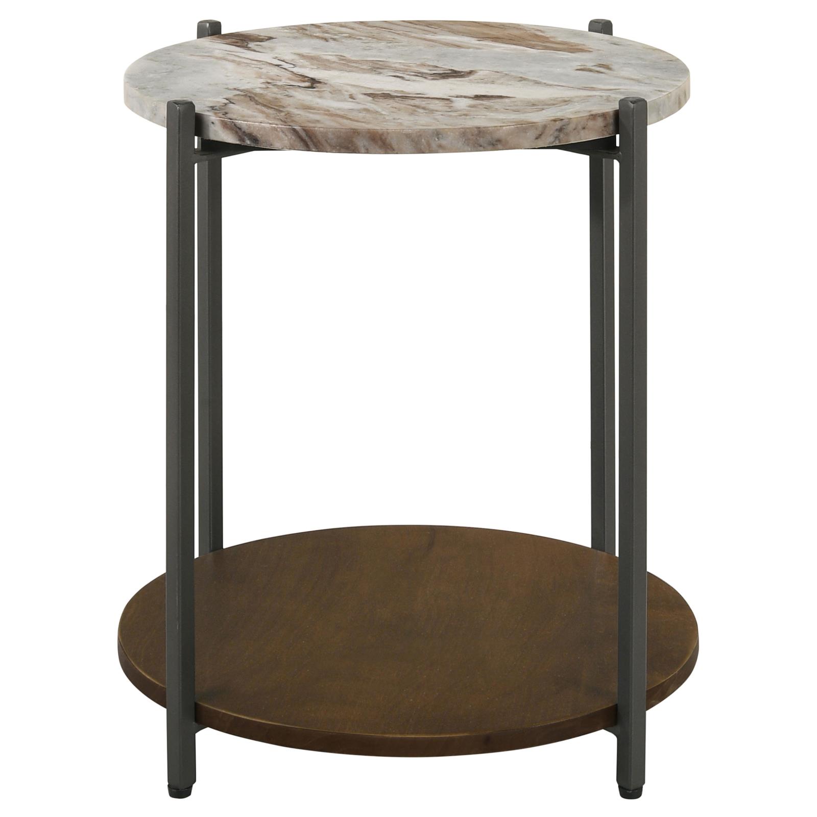 Noemie Round Accent Table with Marble Top & Wood Shelf