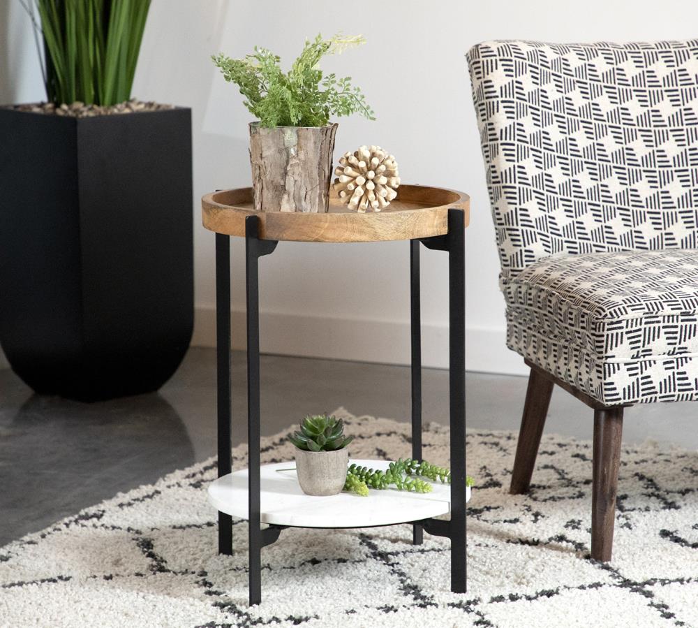 Adhvik Wood Round Accent Table with Marble Shelf