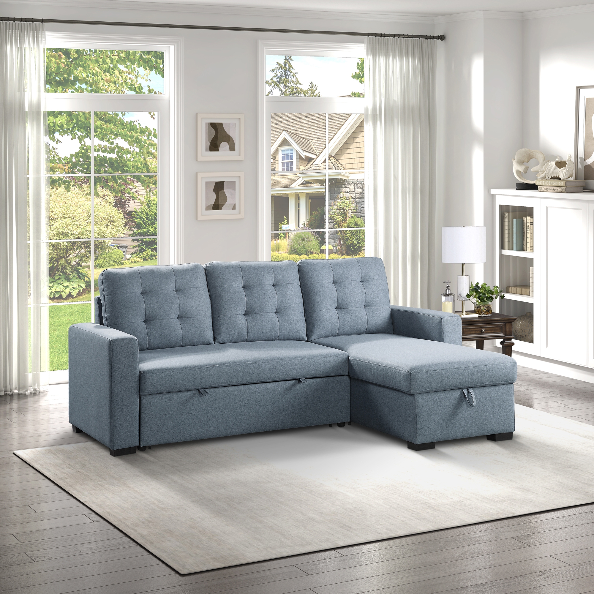 Cornish Fabric Reversible Sectional with Pull-out Bed and Hidden Storage
