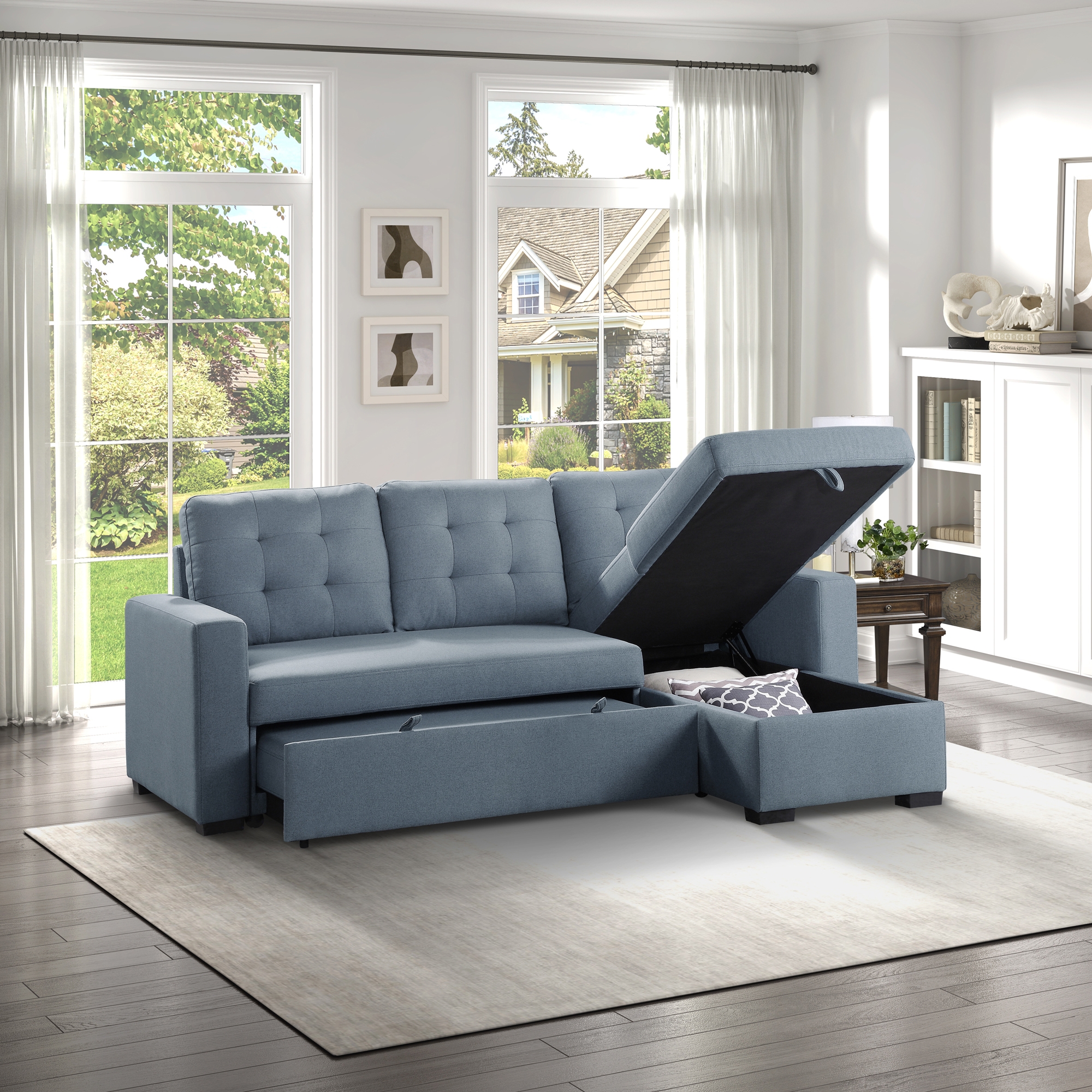 Cornish Fabric Reversible Sectional with Pull-out Bed and Hidden Storage