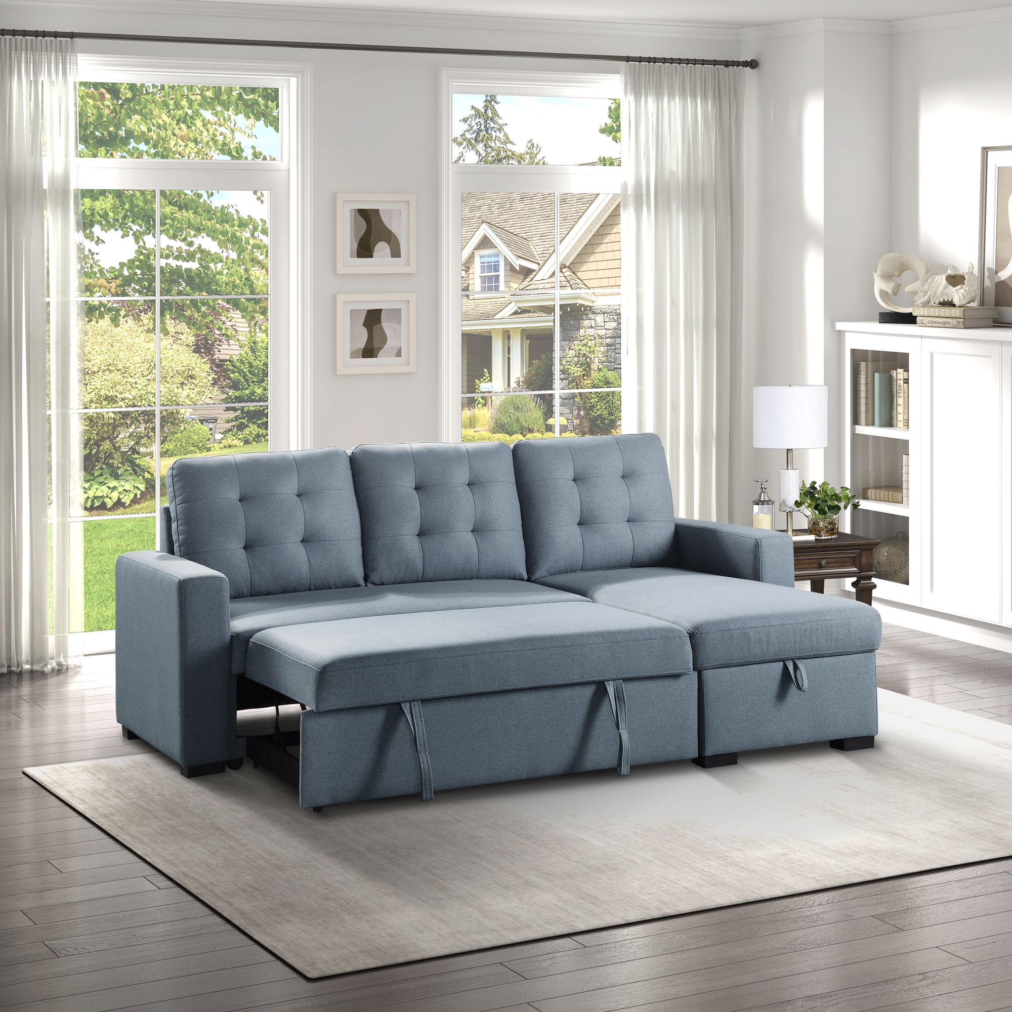 Cornish Fabric Reversible Sectional with Pull-out Bed and Hidden Storage