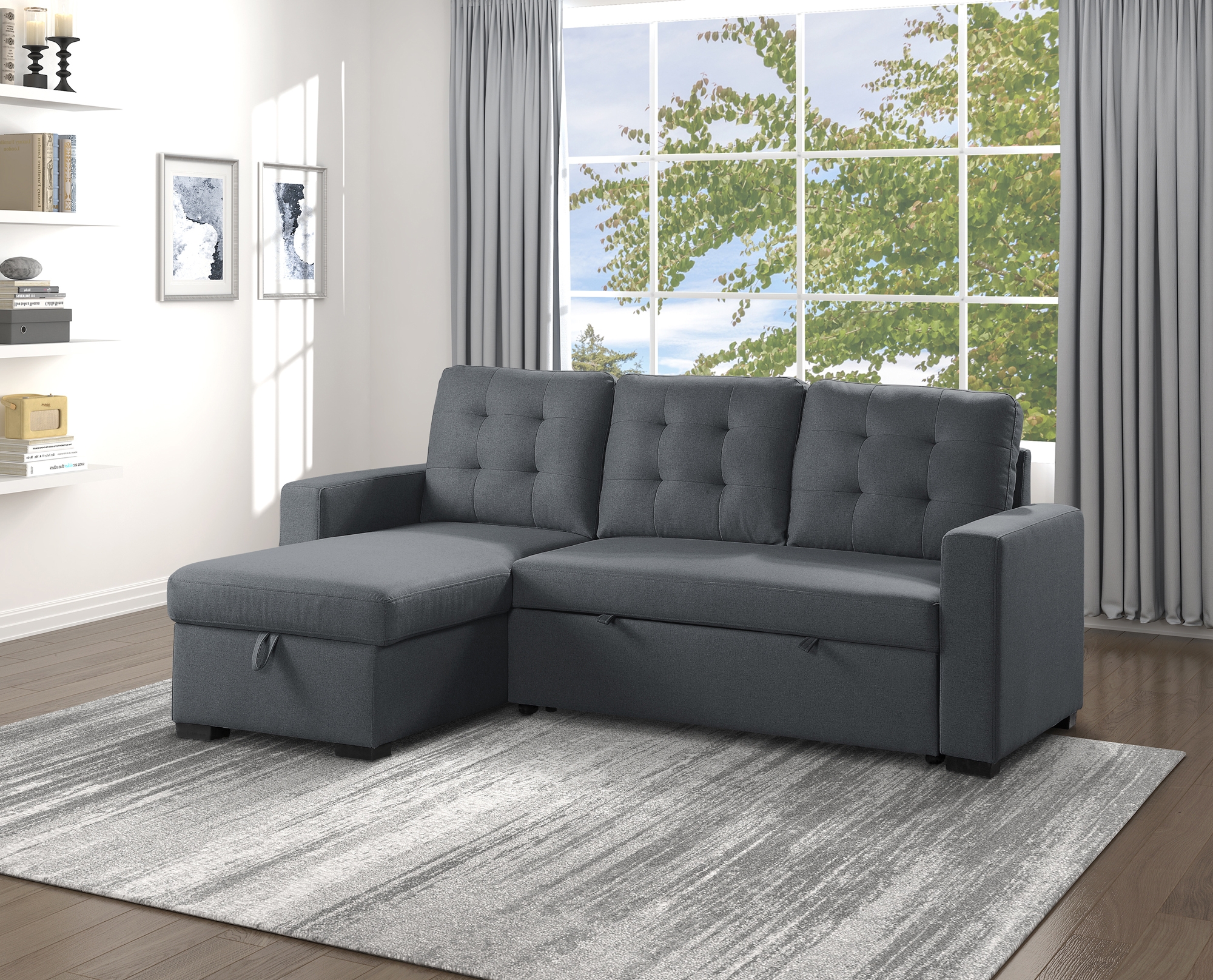 Cornish Fabric Reversible Sectional with Pull-out Bed and Hidden Storage