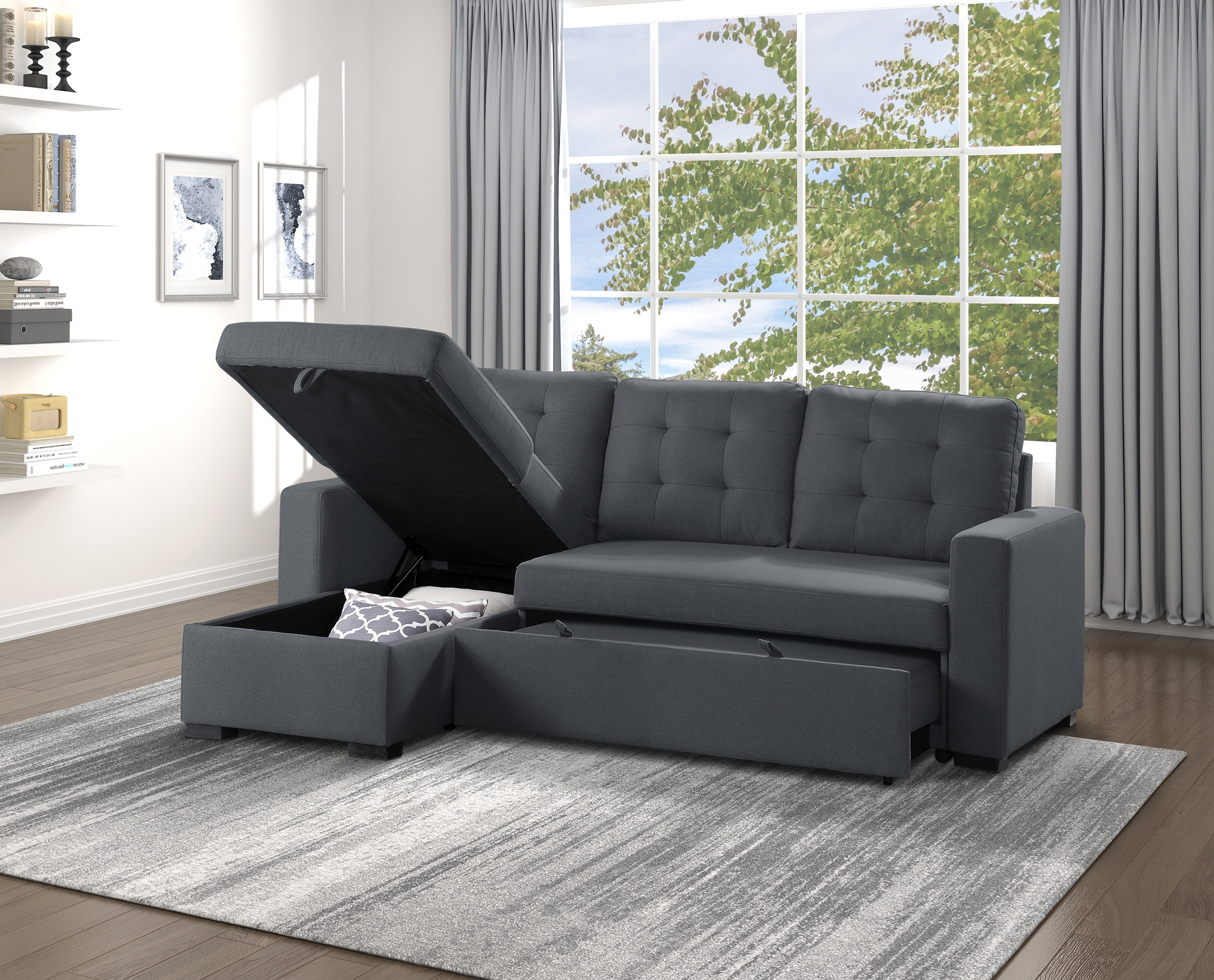 Cornish Fabric Reversible Sectional with Pull-out Bed and Hidden Storage