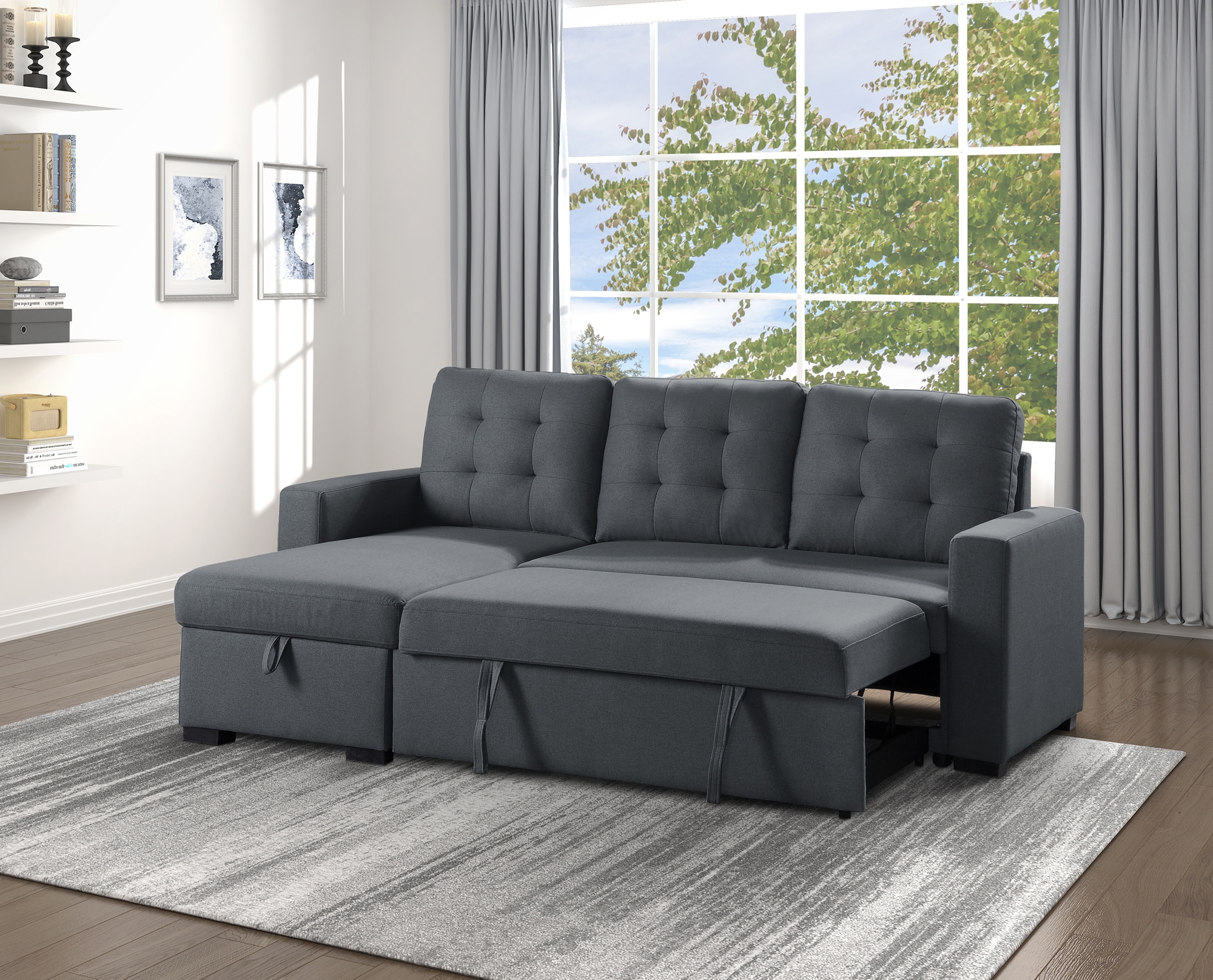 Cornish Fabric Reversible Sectional with Pull-out Bed and Hidden Storage
