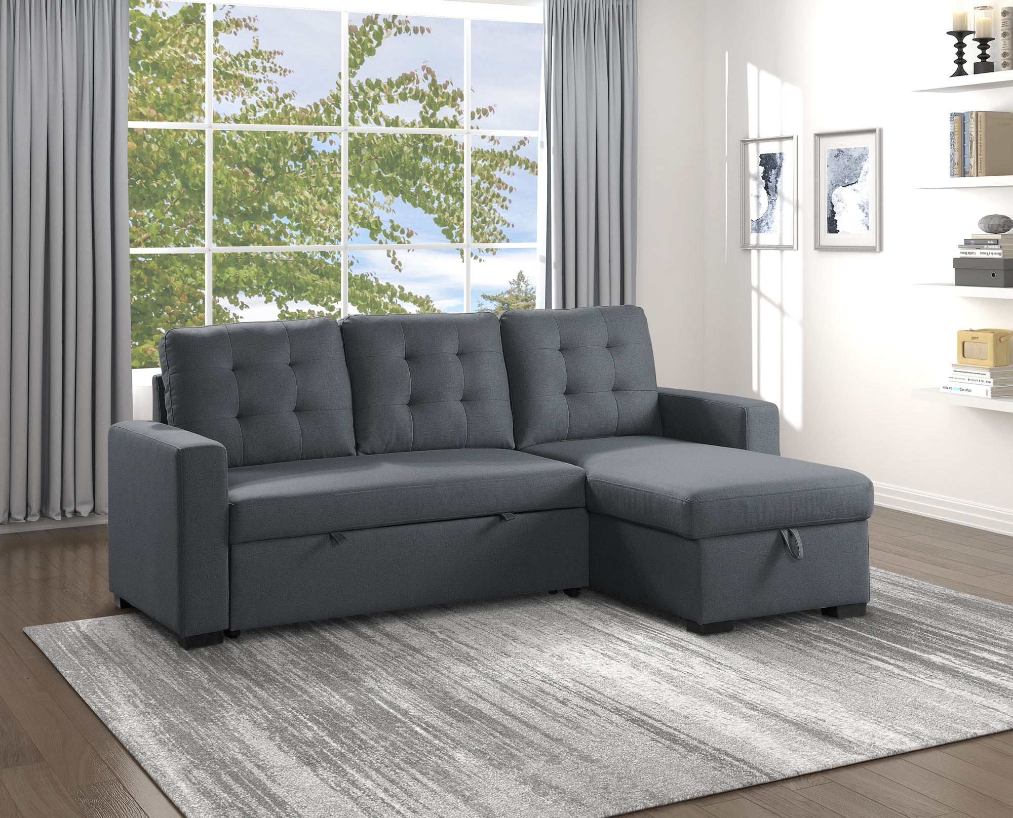 Cornish Fabric Reversible Sectional with Pull-out Bed and Hidden Storage
