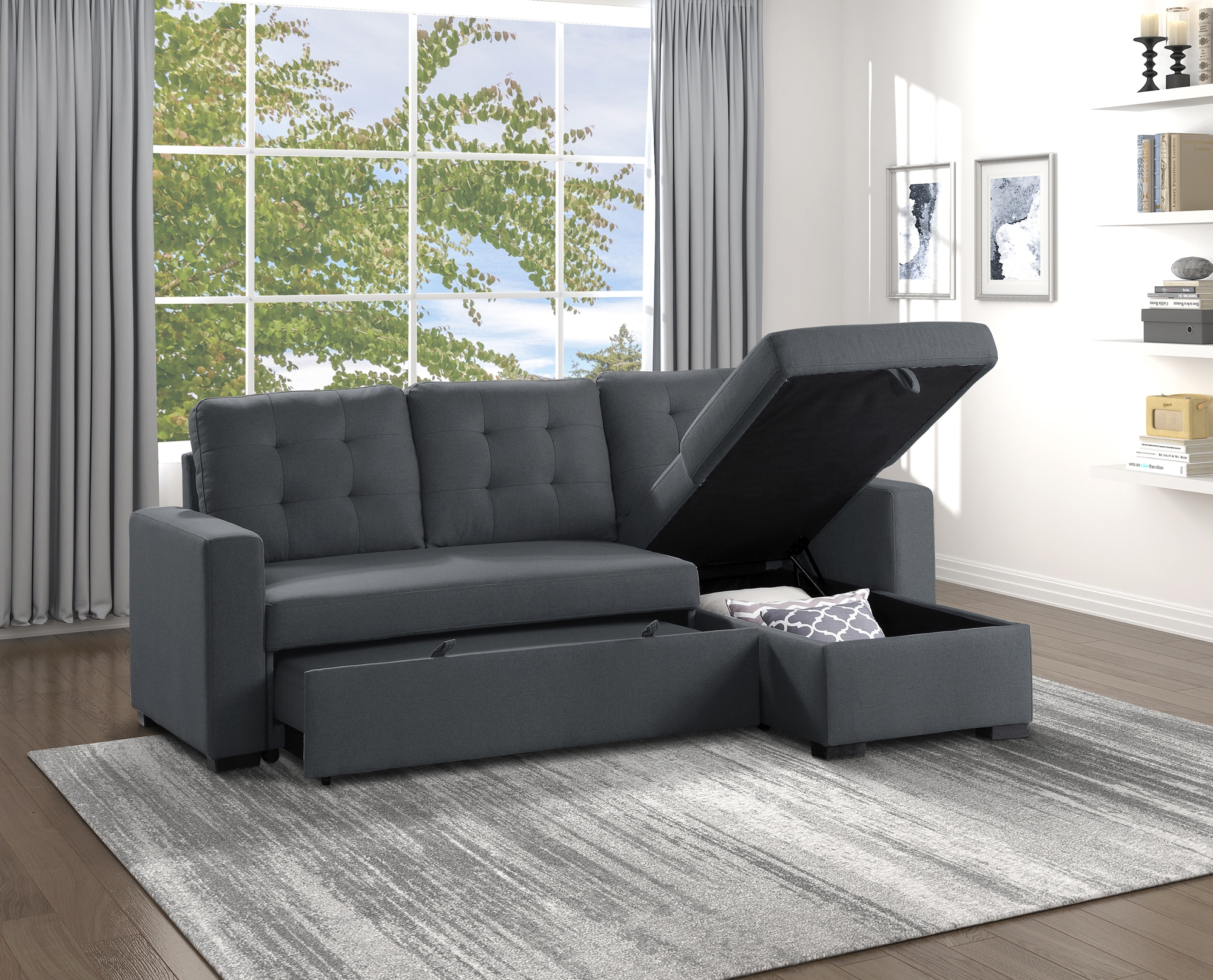 Cornish Fabric Reversible Sectional with Pull-out Bed and Hidden Storage