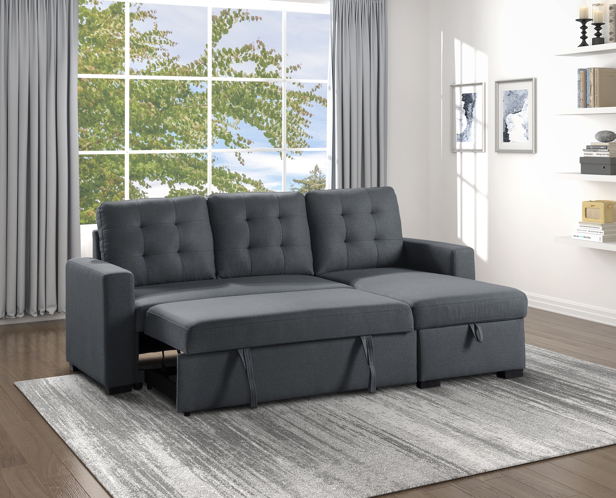Cornish Fabric Reversible Sectional with Pull-out Bed and Hidden Storage